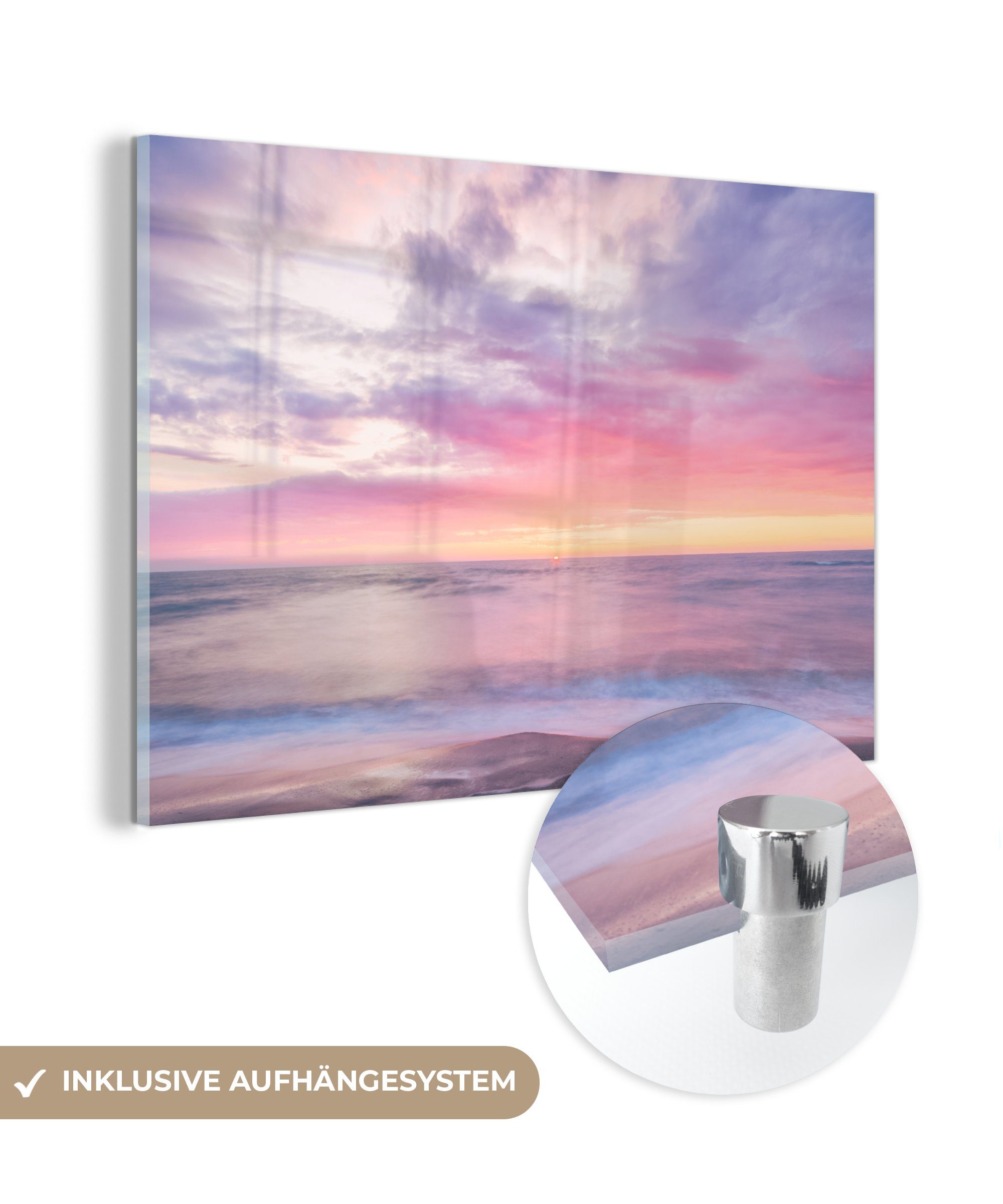 MuchoWow Acrylglasbild Strand - Pastell - Sonnenuntergang, (1 St), Acrylglasbilder Wohnzimmer & Schlafzimmer