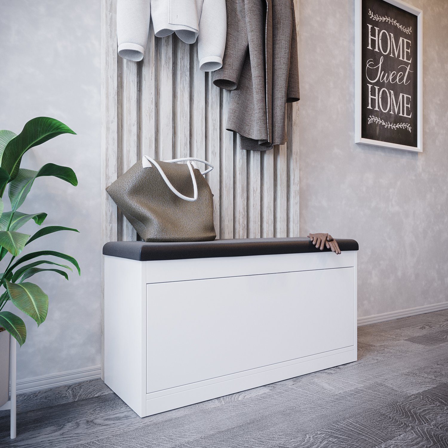 Platan Room Schuhschrank mit Sitzkissen, Schuhkommode, Schuhbank 100 cm breit weiß | weiß