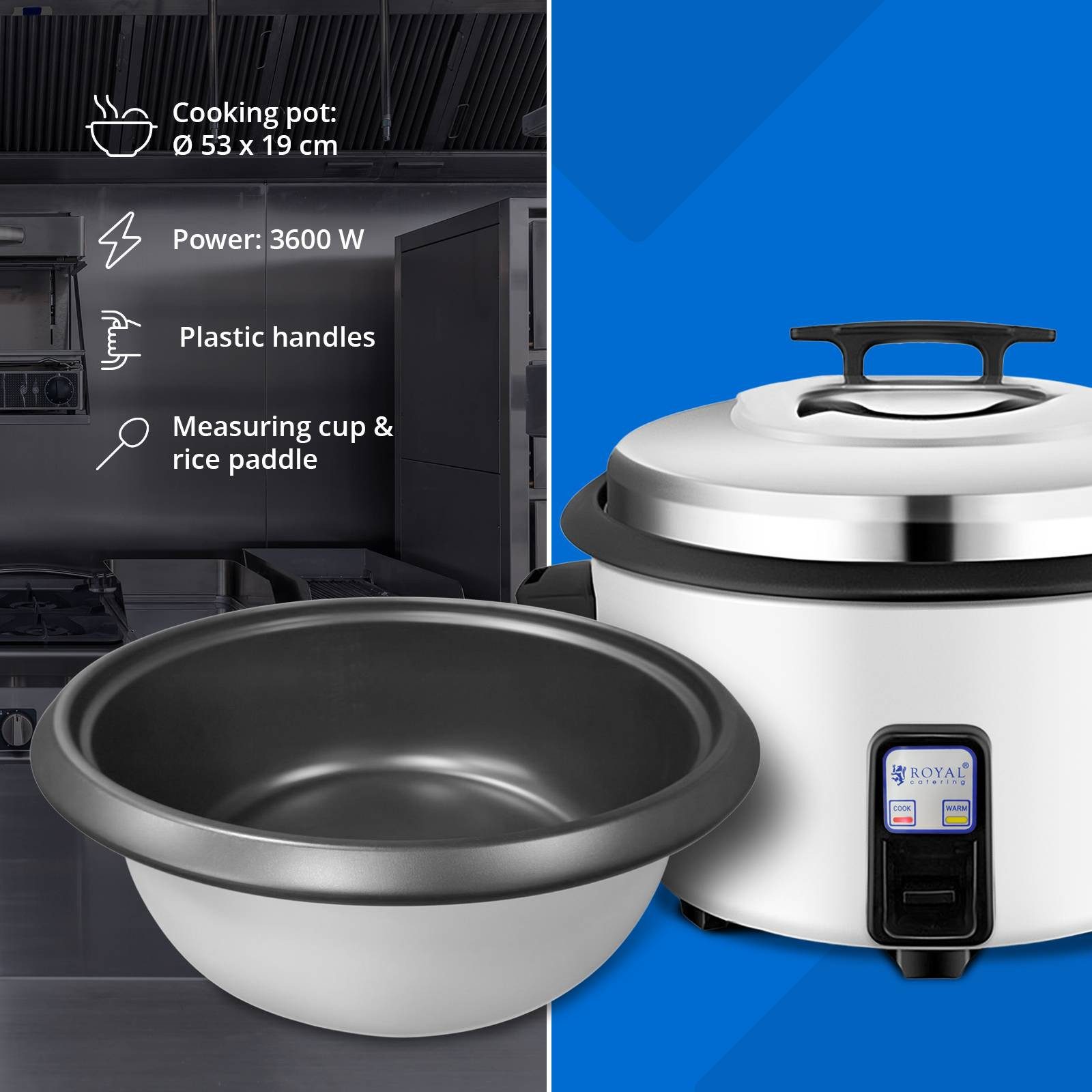 Royal Catering Reiskocher Elektrischer Reiskocher 27 L bis 70 Portionen 3600 W Warmhaltefunktion, 3600 W