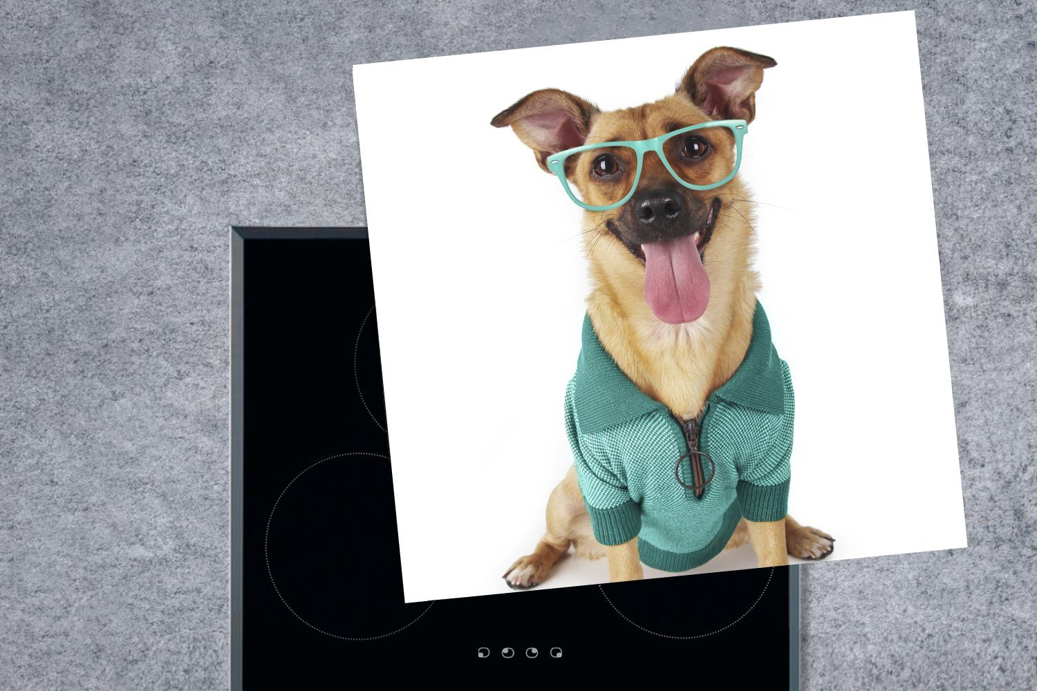 - tlg), Hipster, 78x78 Arbeitsplatte - Hemd küche (1 für Vinyl, cm, Ceranfeldabdeckung, Herdblende-/Abdeckplatte MuchoWow Hund Brille -