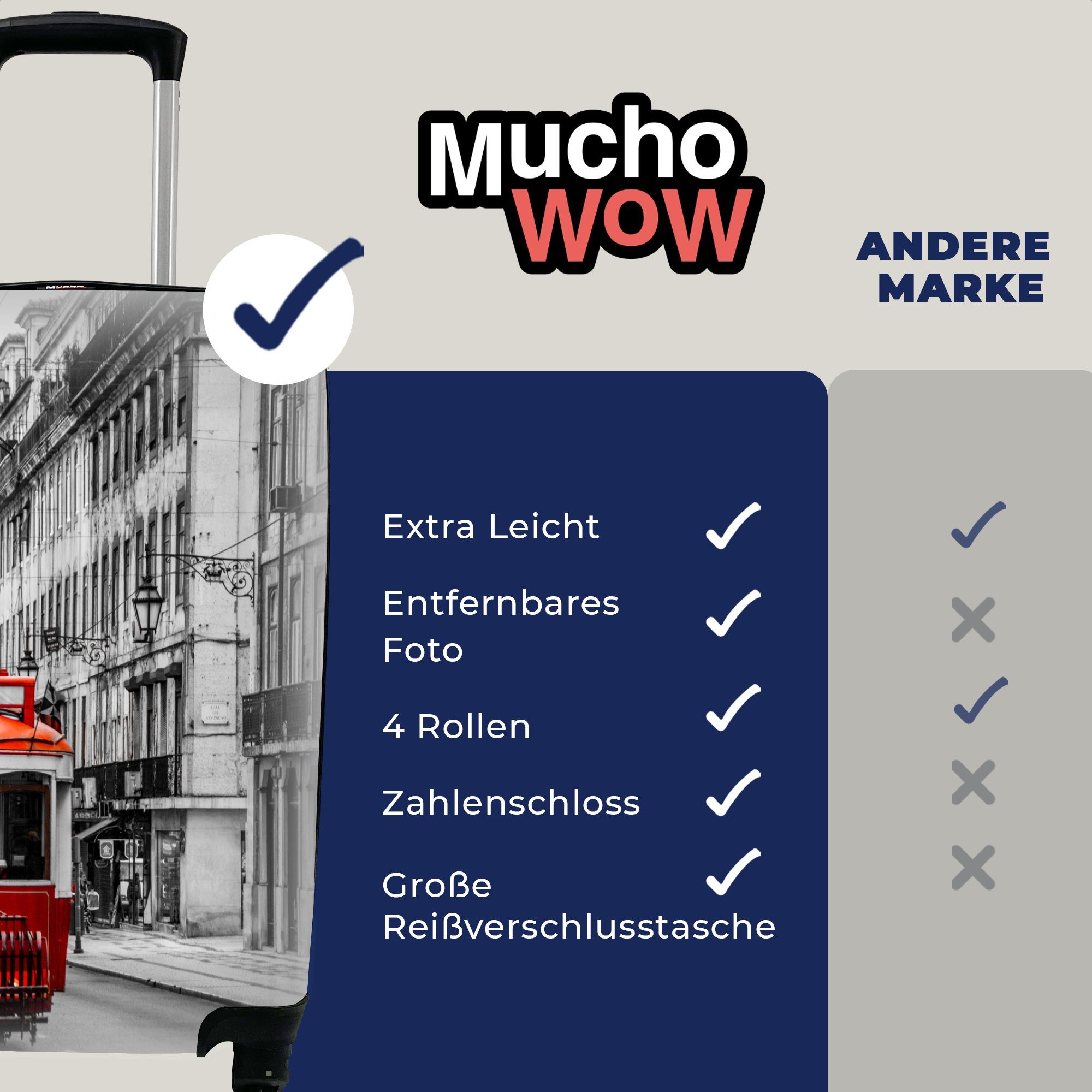 MuchoWow Handgepäckkoffer Schwarz-Weiß-Foto Reisetasche Rollen, rollen, alten Reisekoffer Ferien, Zuges, Handgepäck roten mit Trolley, eines 4 für