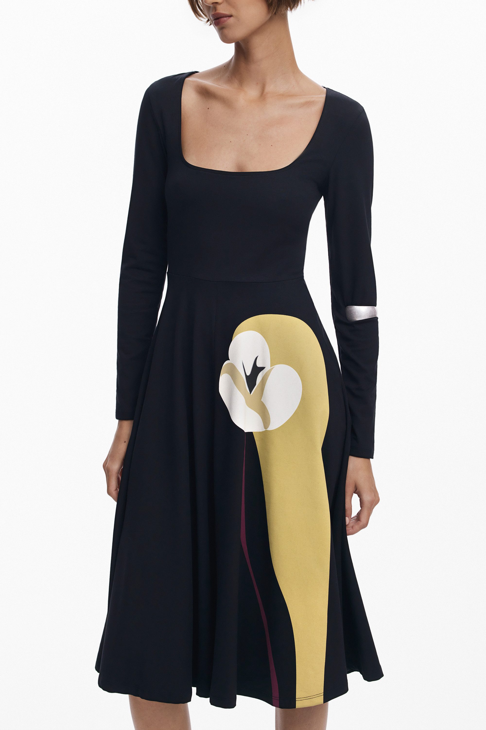 Desigual Partykleid Schwarzes Damenkleid mit Langen Ärmeln und Elegantem Druck