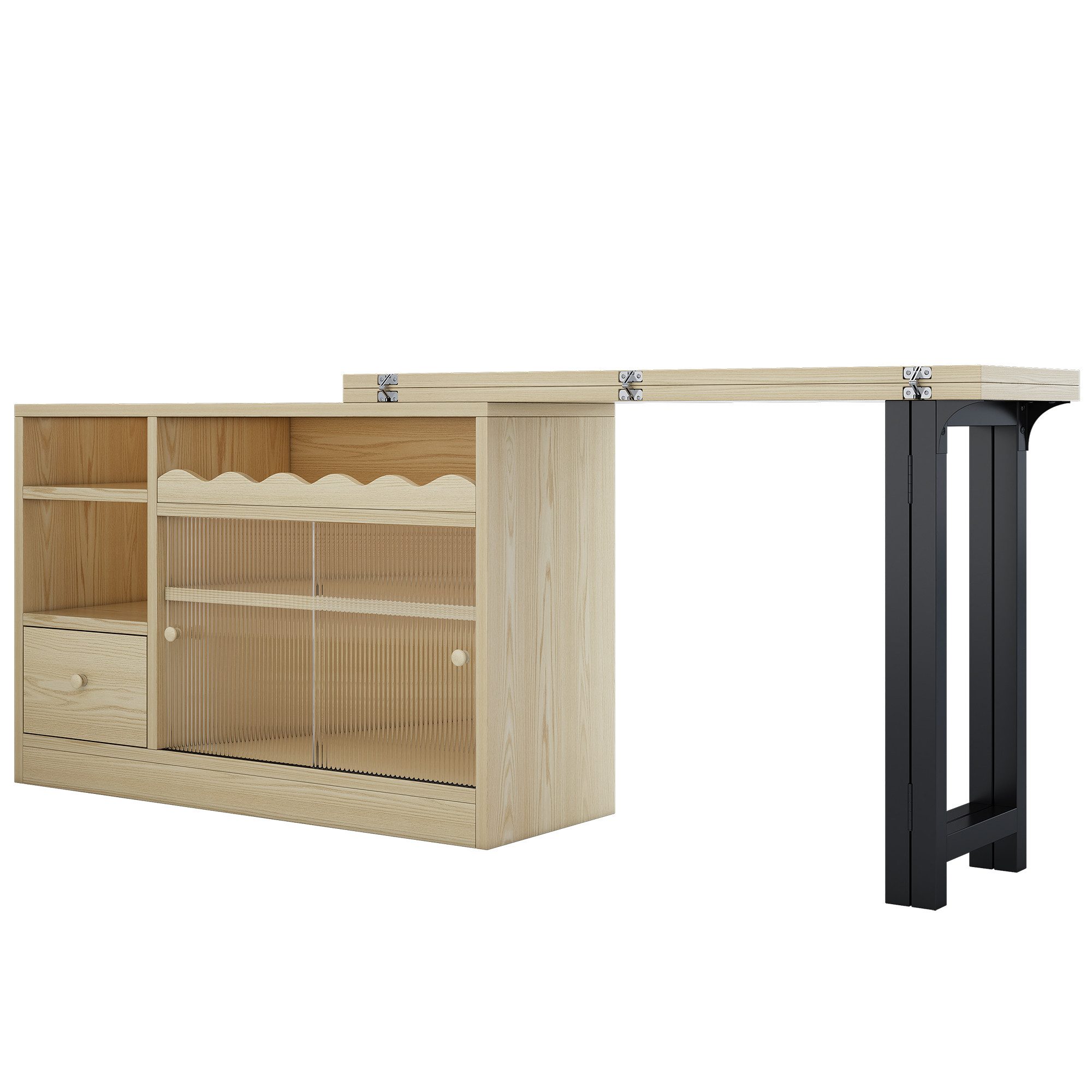 MODFU Bartisch Esstisch mit großem Stauraum (Ausziehbarer Klapp-Esstisch, 3 Raumschichten, 1 Schublade, 3 offenen Gitter, 2 Glasschiebetür), 360° drehbar, mit Klappbarer Esstisch
