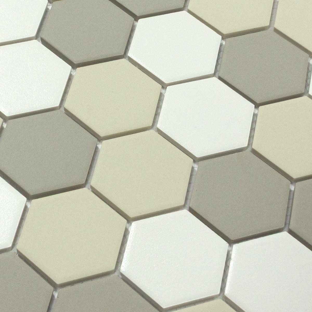 Mosafil Mosaikfliesen Keramik Mosaikfliese Hexagon Bern, Keramik 32.500x28.100, weiß-beige-grau, Verlegefertig auf ein Netz geklebt - Frostsicher - Wasserfest
