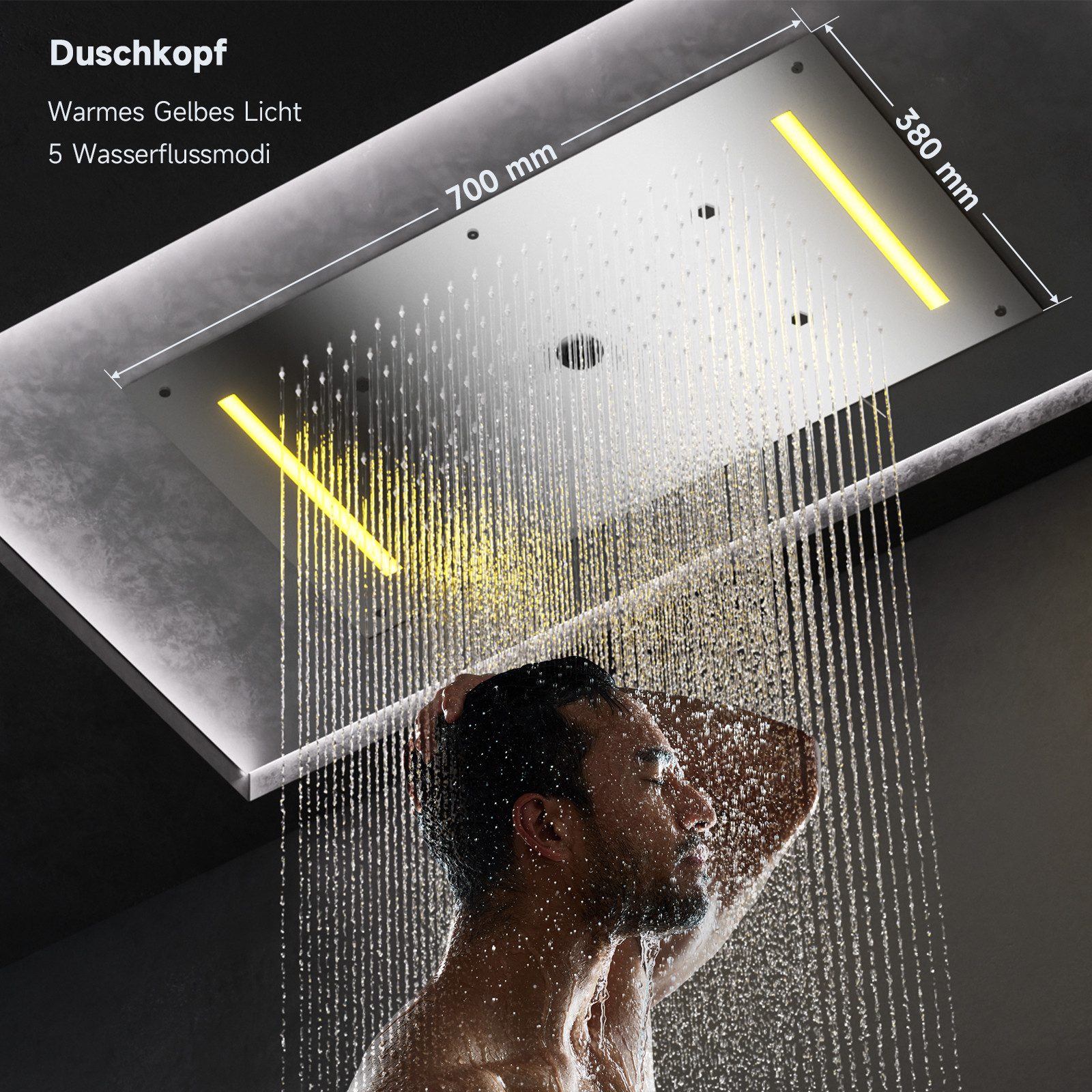 Oihpaw Duschsystem mit thermostat Multifunktionales Regendusche, 1 tlg., mit Regenmodus, Hydrotherapie Strahl, Handbrause, 380x700mm