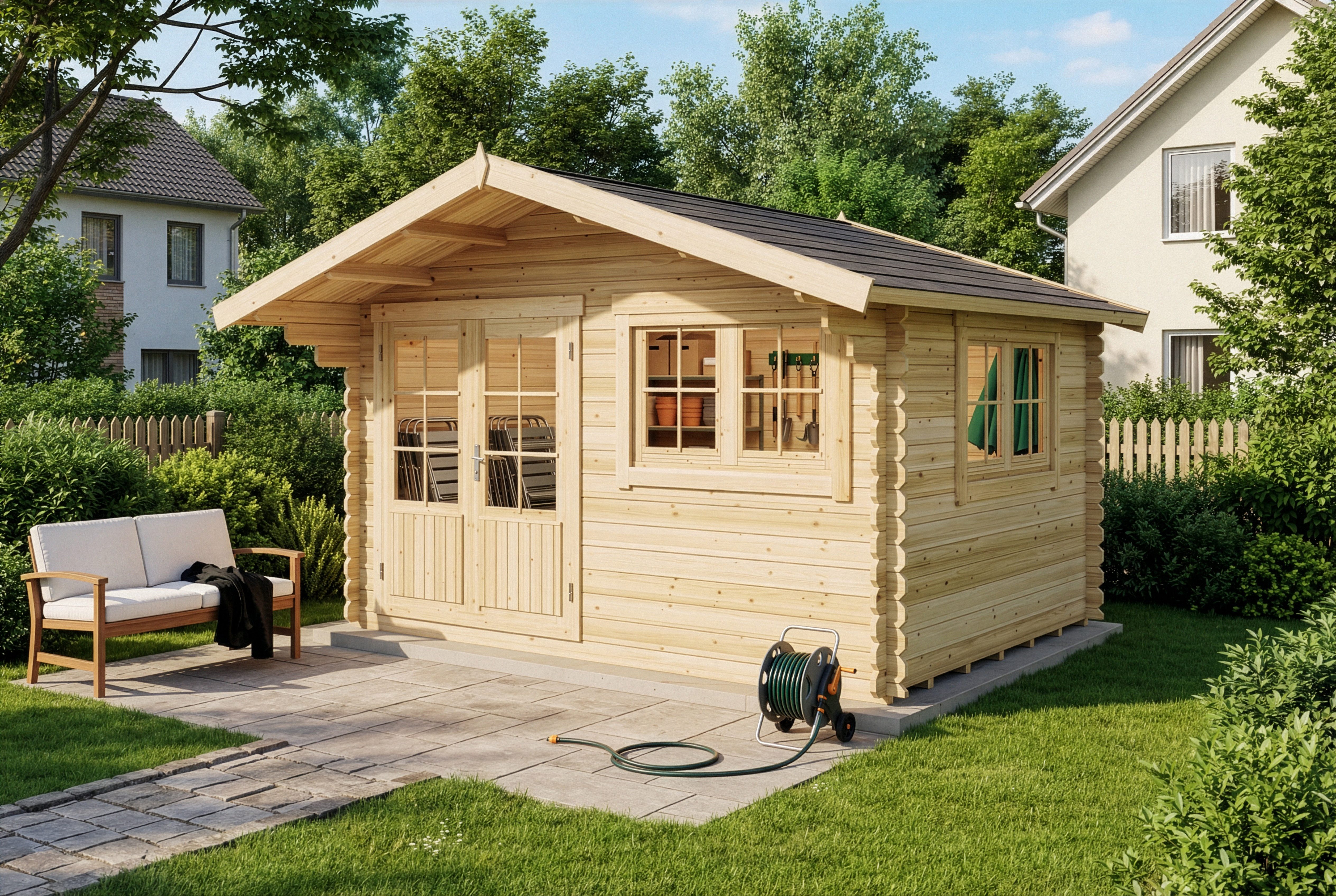 Alpholz Gartenhaus Holz Gabriel 400 x 300 cm Natur Inkl. Boden 28mm Wandstärke, BxT: 438x367 cm, in Naturbelassen Inkl. Fußboden mit 28mm Wandstärke