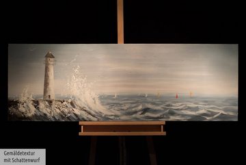 KUNSTLOFT Gemälde Leuchtturm in Sicht 150x50 cm, Leinwandbild 100% HANDGEMALT Wandbild Wohnzimmer