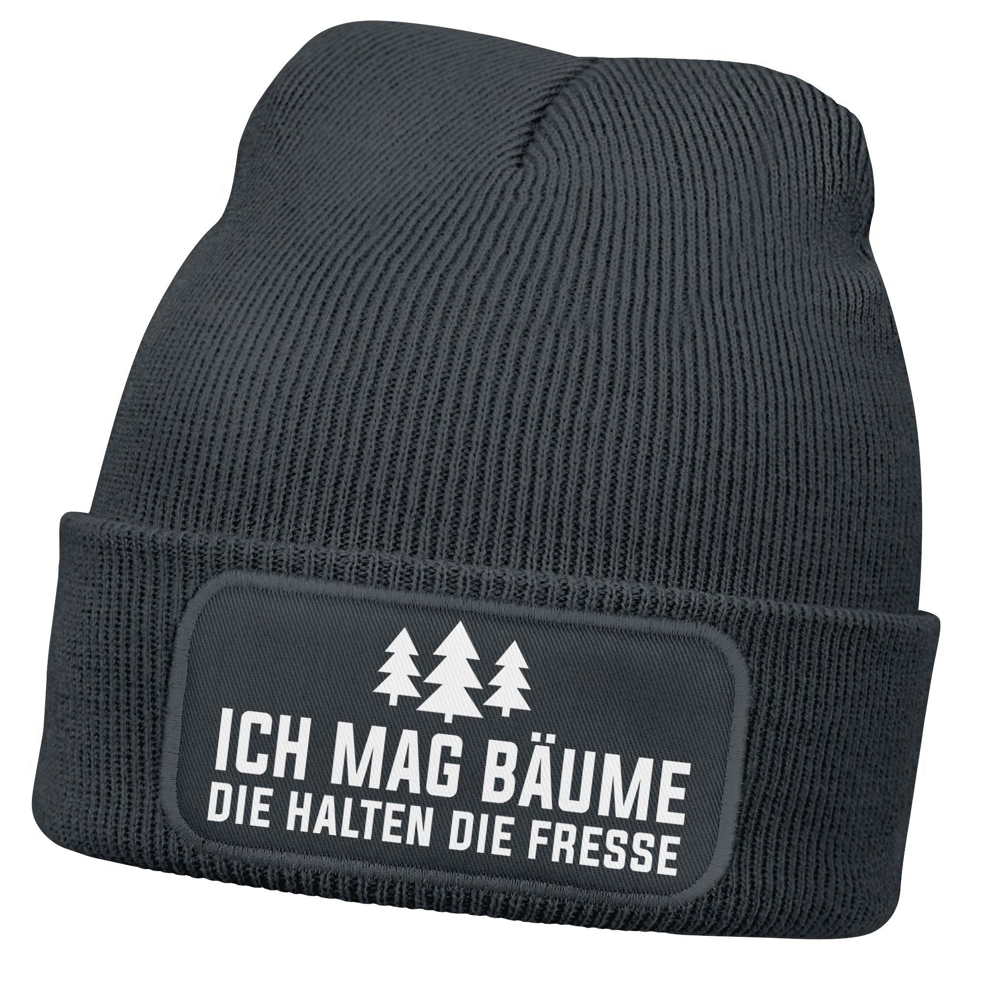 Strickmütze Herren Beanie mit Patch Strickmütze mit Spruch Ich mag Bäume Lustig
