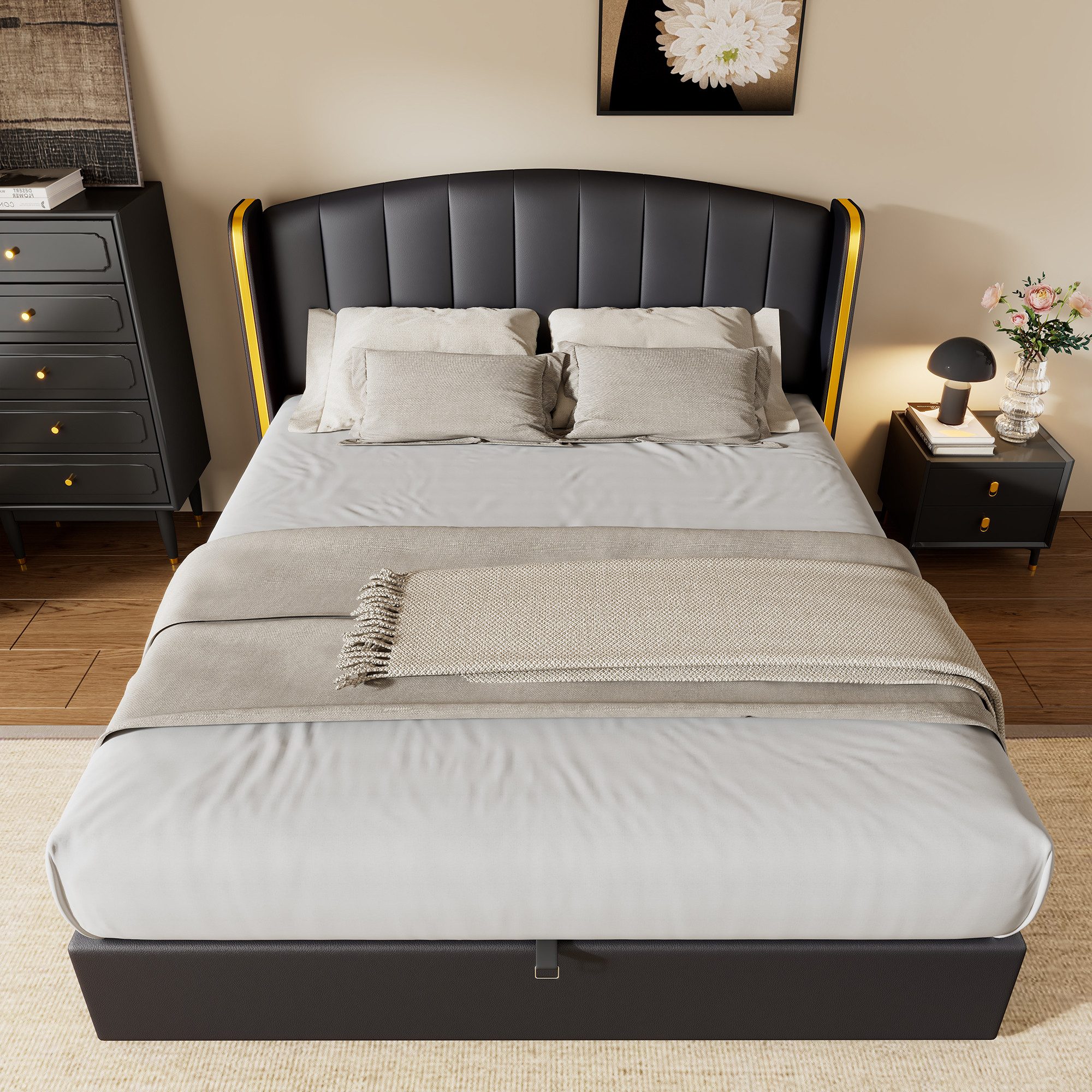 OKWISH Polsterbett Hydraulisches Bett (180*200cm), mit goldgerandetes Ohrendesign, Bettkasten, Lattenrost und Kopfteil