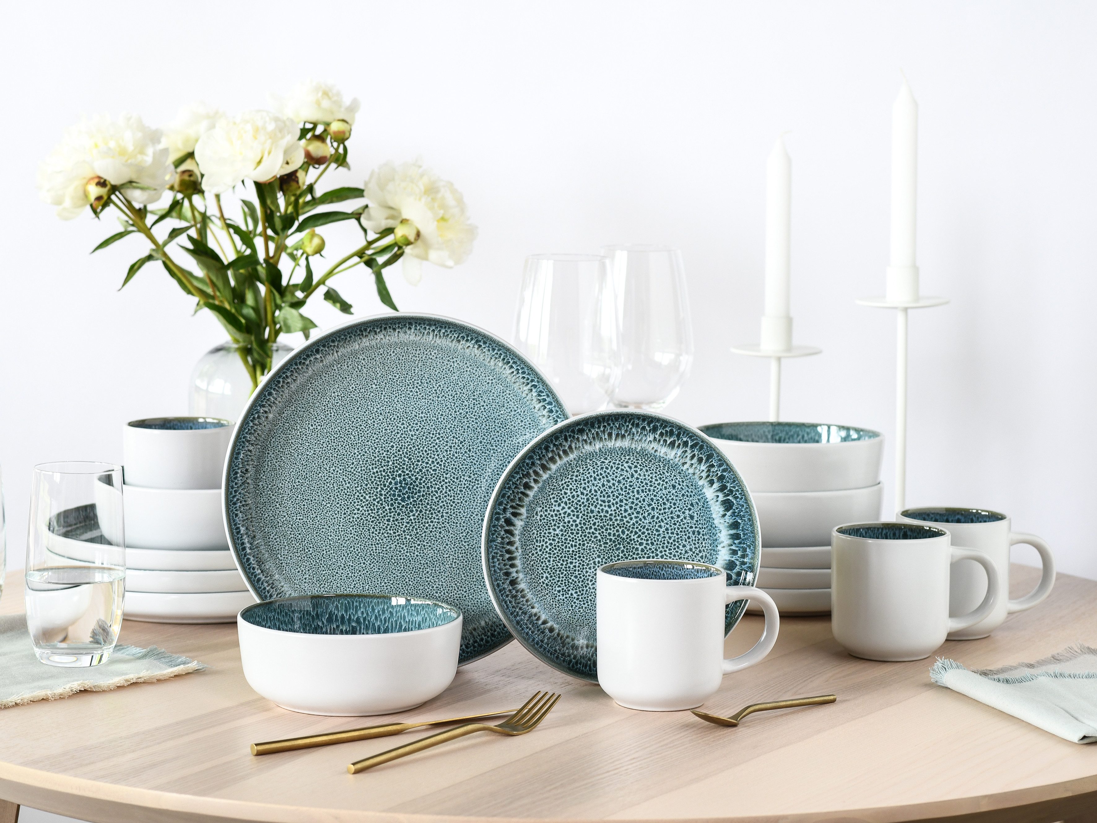 CreaTable Kombiservice Nordic Fjord, Service 16-tlg. (16-tlg), 4 Personen, Steinzeug, Reaktive Glasur, Einzigartiger Look