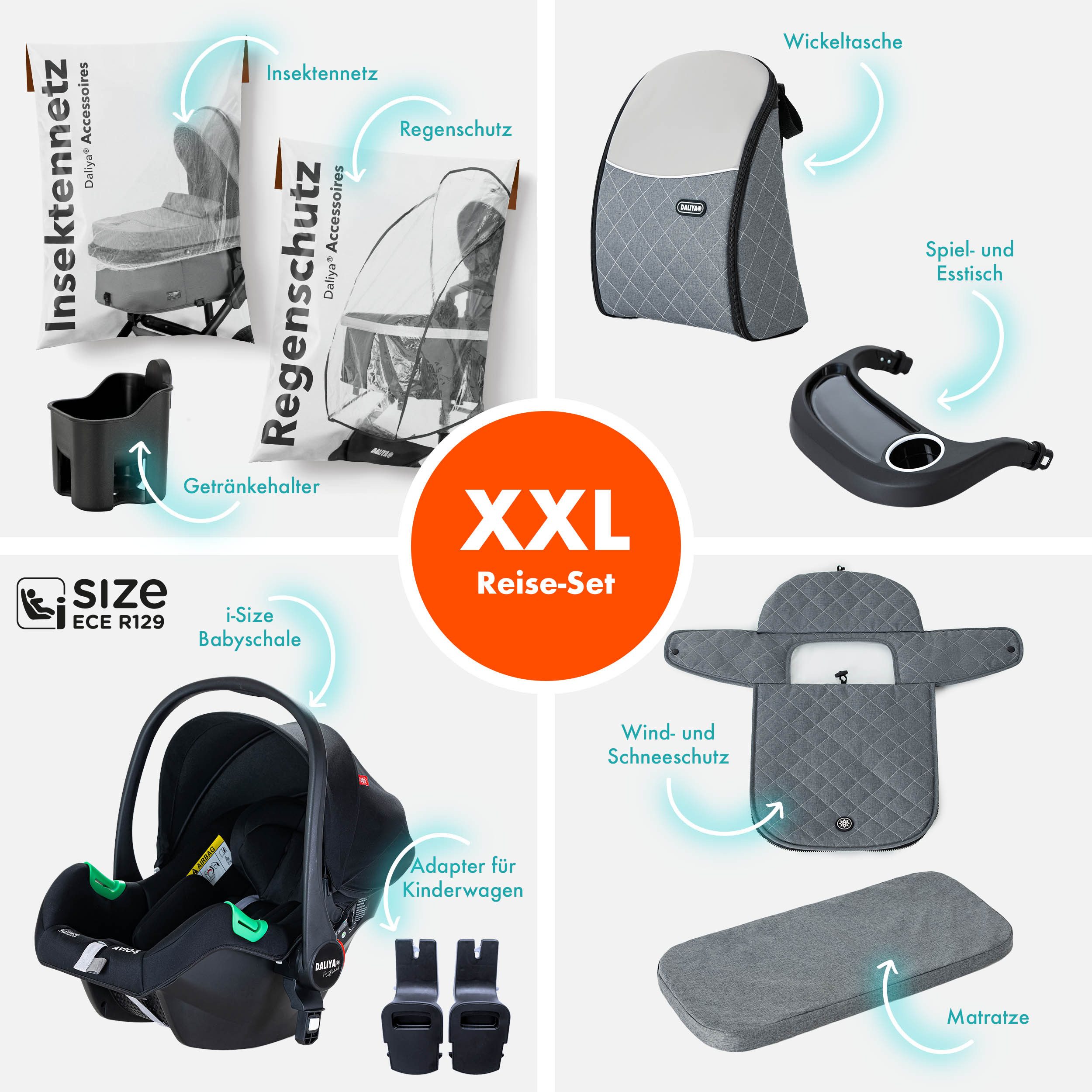 Daliya® Kombi-Kinderwagen BAMBIMO 3in1 Kinderwagen & Buggy mit Auto-Babyschale und Adapter, (XXL-Set inkl. Wickeltasche und Spieltisch, 15-tlg), Babyschale, Airless-Räder, Federung, weiche Matratze, Belüftungssystem