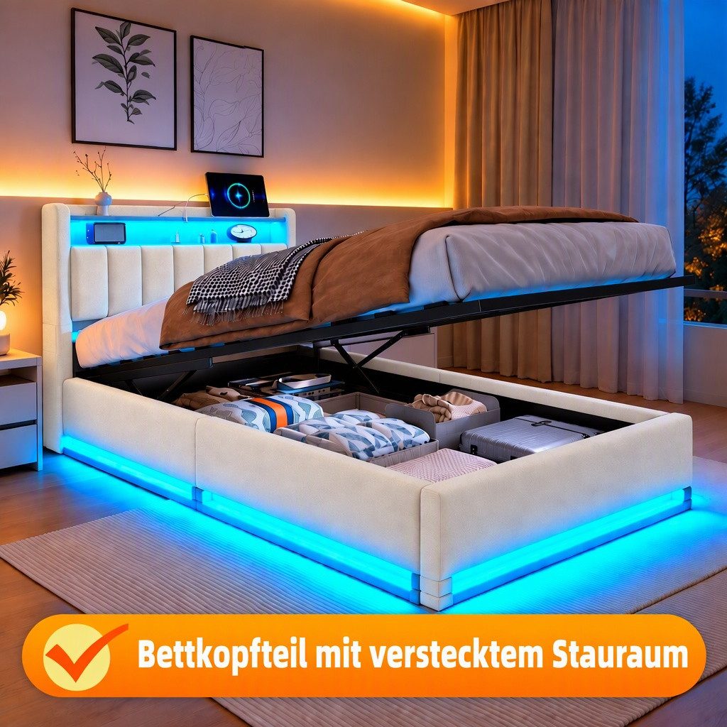 PXloue Polsterbett LED Doppelbett, Einzelbett, Bettkasten, Ladefunktion, Samt, 90x200 cm