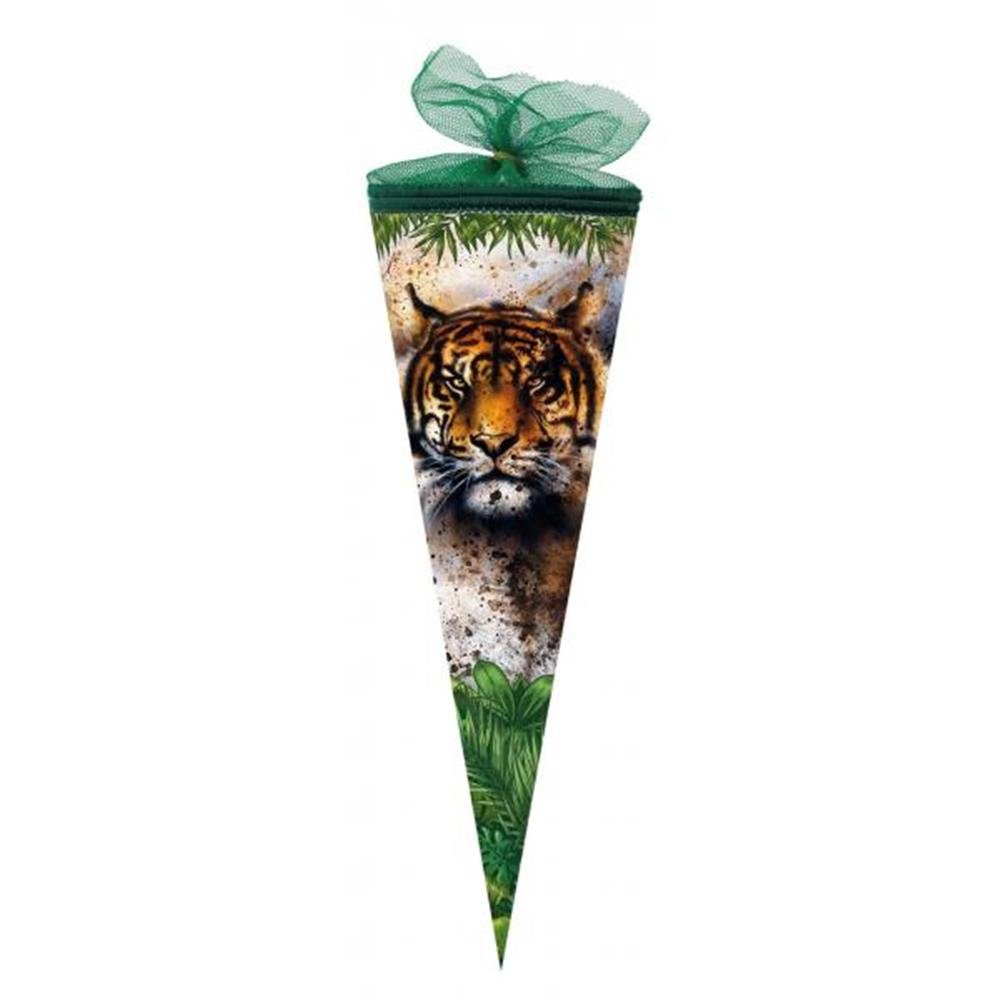 Nestler Schultüte Tiger, 35 cm, rund, mit grünem Tüllverschluss