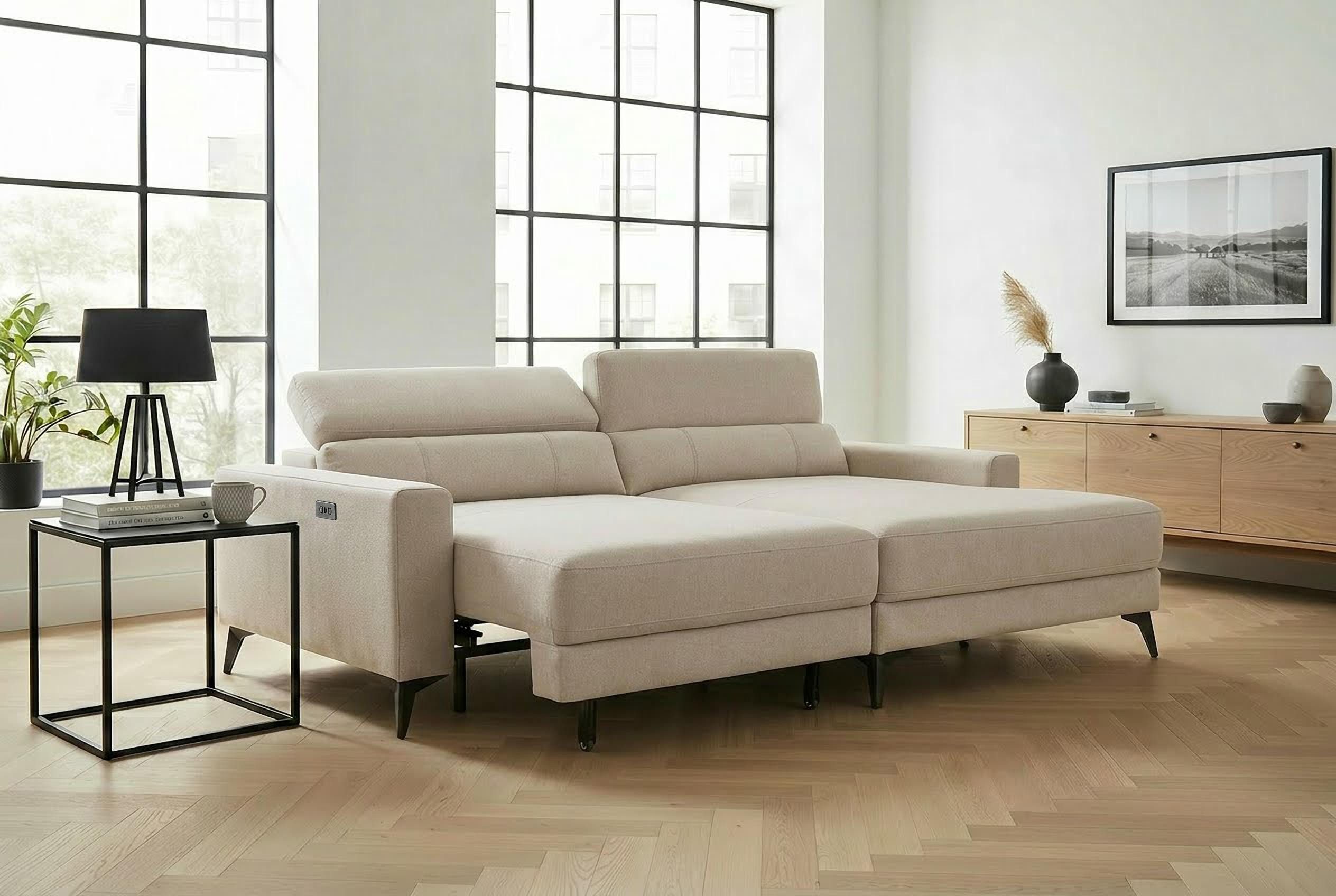OTTO home Ecksofa LEWII, Schlafsofa elektrisch mit Sitztiefenverstellung, L-Form, 225 cm, mit USB A/C-Anschluss. Federkern, verstellbaren Kopfstützen, Webstoff