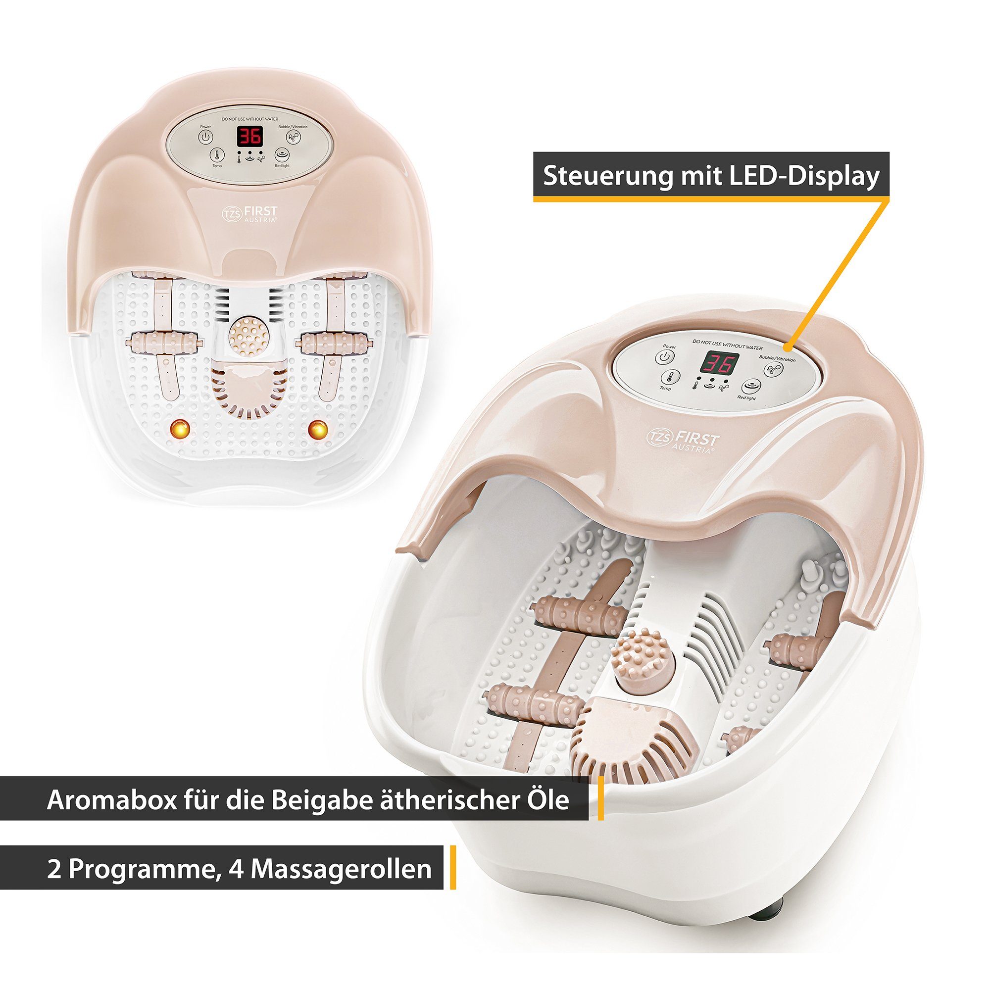 TZS FIRST AUSTRIA Fußmassagegerät Digital 450W, Massagefunktion, LED-Display & Rotlicht, bis Größe 43, Fußsprudelbad mit 3 Aufsätzen, Spritzschutz & Aromabox – Bild 5 von 5