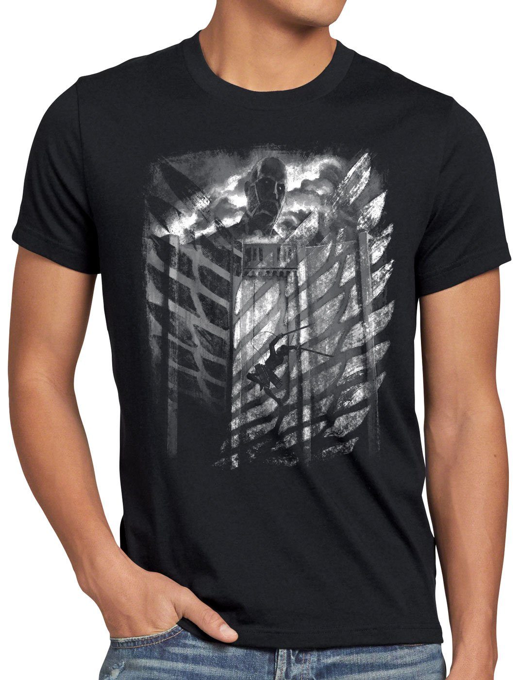 AoT style3 Herren CottoCloud Titan Print-Shirt schwarz Attack Jaeger Flying T-Shirt on