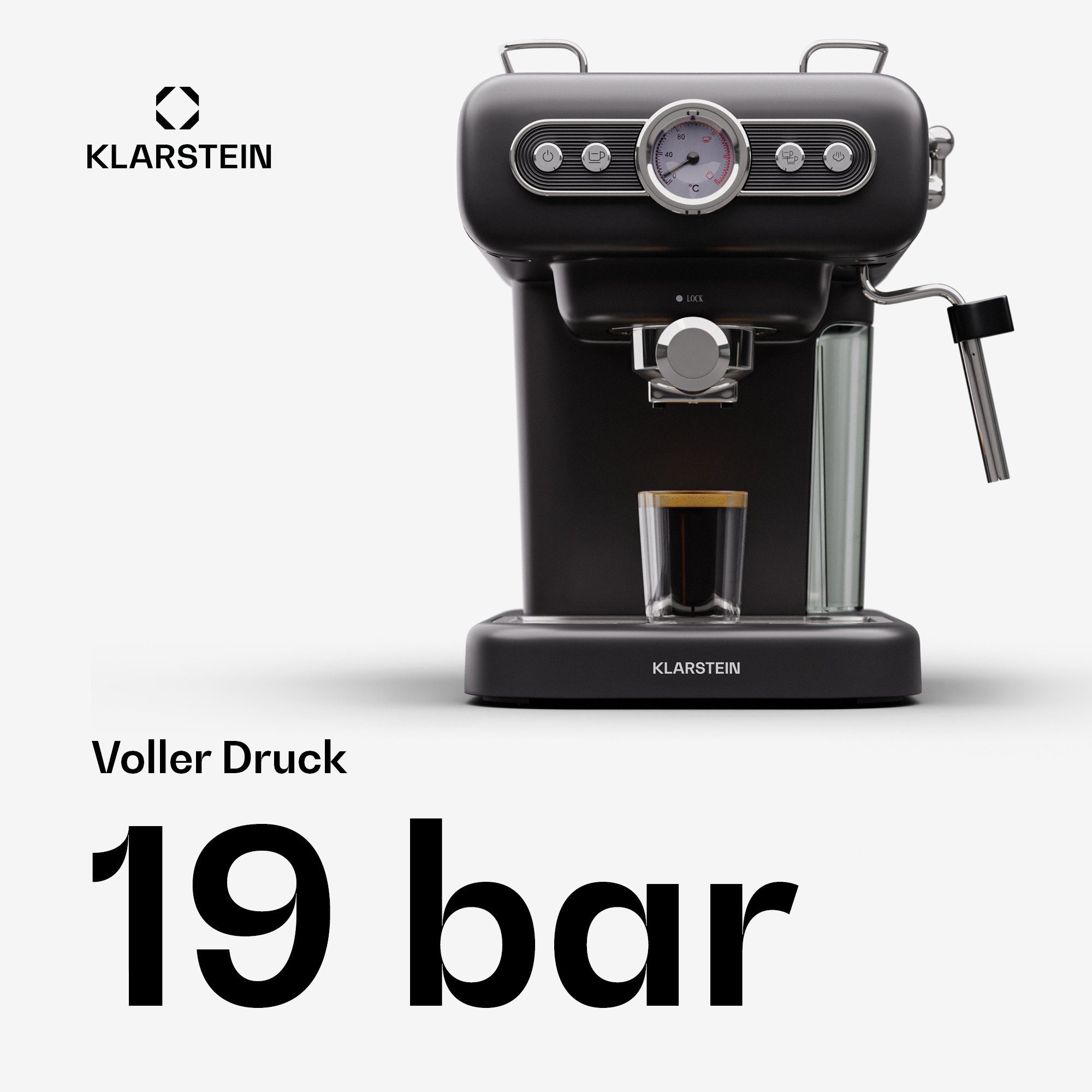 Klarstein Espressomaschine, 1.2l Kaffeekanne, Kaffeemaschine 950 W 19 Bar 2 Tassen