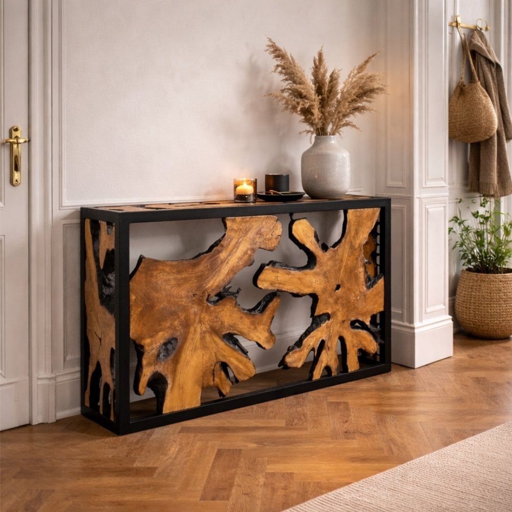 LebensWohnArt Konsolentisch Design Teak Konsole DUNCAN 120cm natural schwarzes Metall