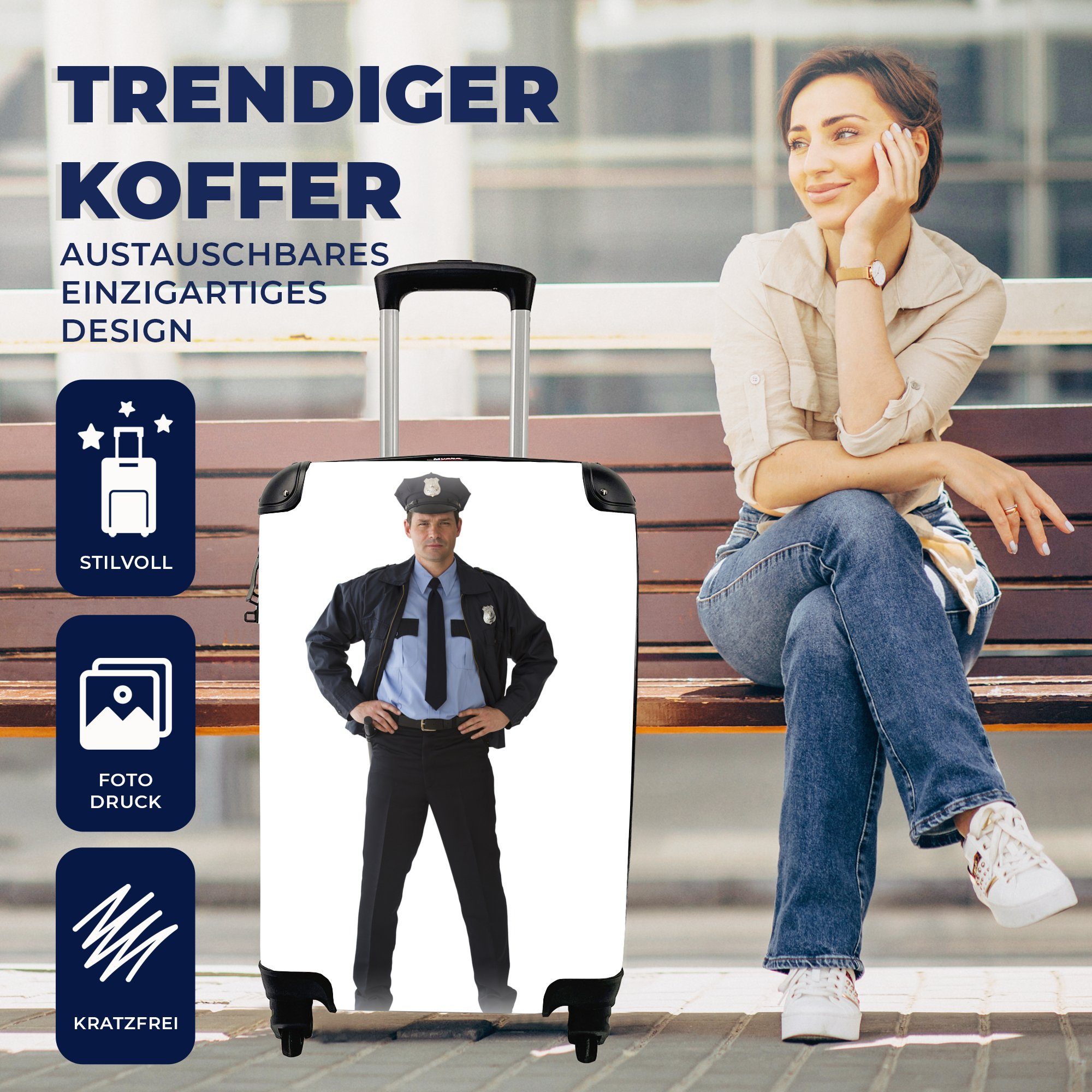 Handgepäckkoffer eines Porträt Reisetasche Reisekoffer Ferien, Handgepäck MuchoWow rollen, Polizisten, 4 Rollen, mit für Trolley,