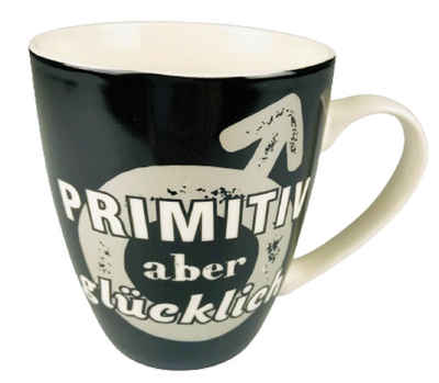 GILDE Tasse Kaffeetasse- Primitiv aber glücklich - Kaffe / Tee Becher ca. 360ml, Porzellan, Idela als Geschenk