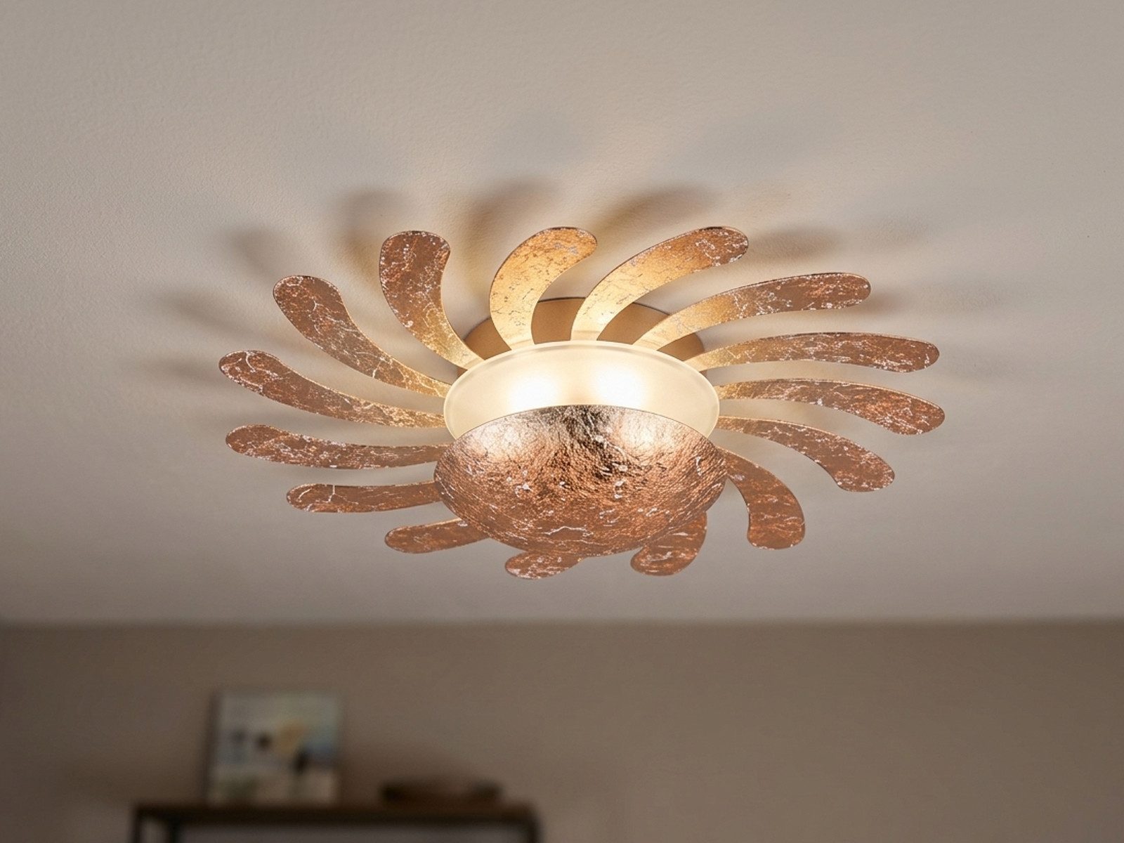Reality Leuchten LED Wandleuchte Sonnenrad Gold foliert, Durchmesser 40cm, LED fest integriert, Warmweiß, indirekte Beleuchtung Wand oder Decke. Gold-Folie