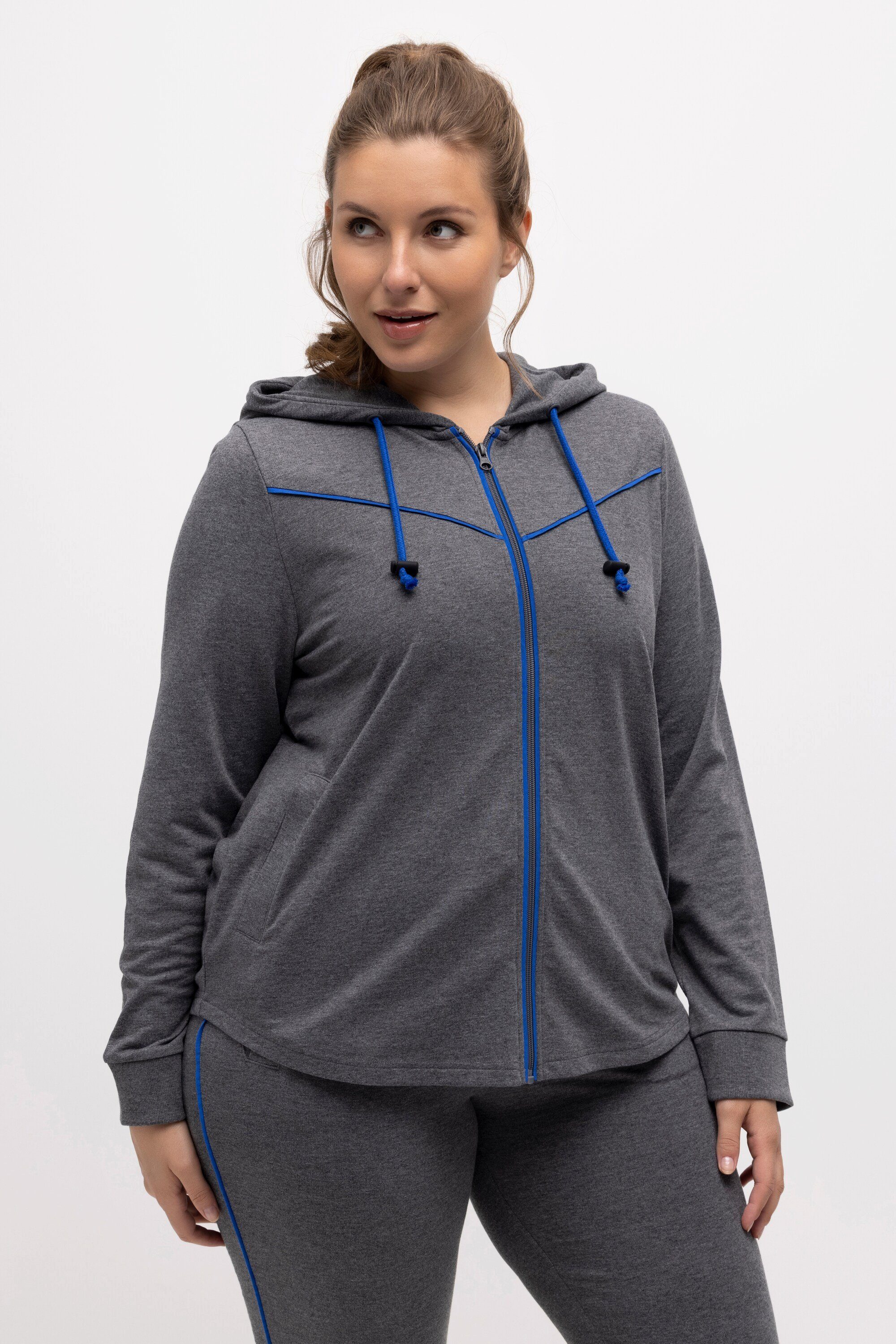 Ulla Popken Sweatjacke Sweatjacke Piping Kapuze gerundeter Saum grau melange