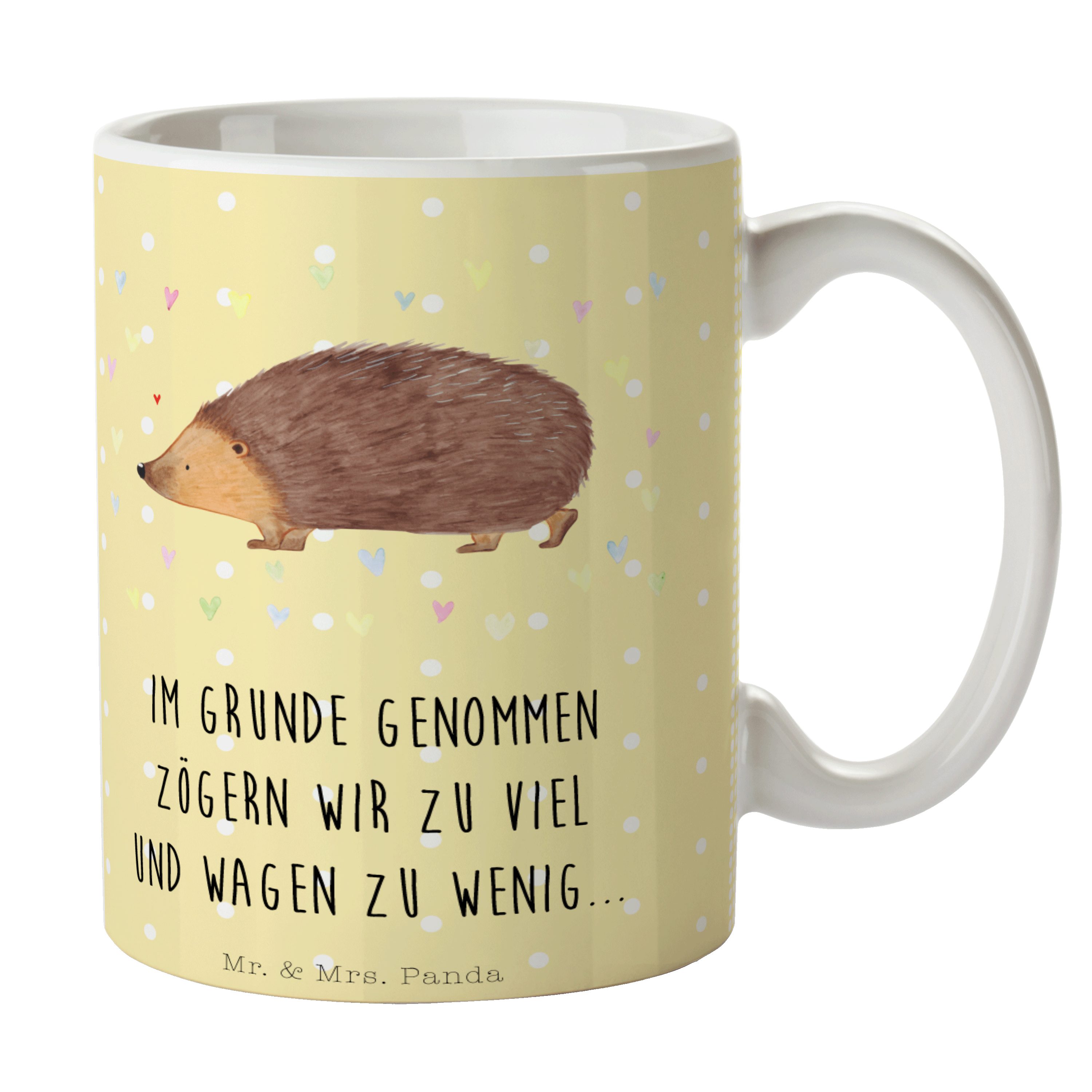 Mr. & Mrs. Panda Tasse Igel Herzen - Gelb Pastell - Geschenk, Büro Tasse, Vertrauen, Leben, Keramik