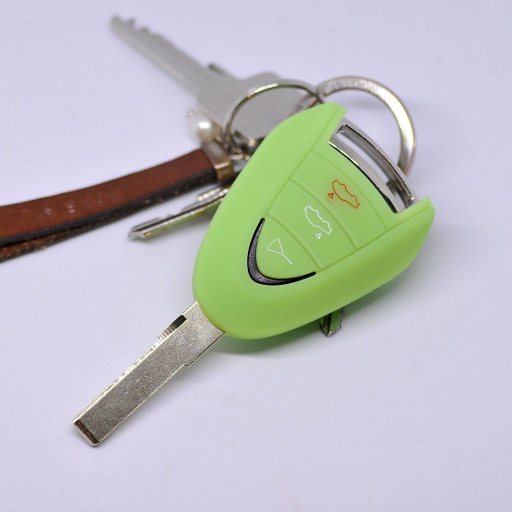mt-key Schlüsseltasche Autoschlüssel Softcase Silikon Schutzhülle fluoreszierend Grün, für Porsche 911 997 987 Boxster Cayman Funkschlüssel 3 Tasten