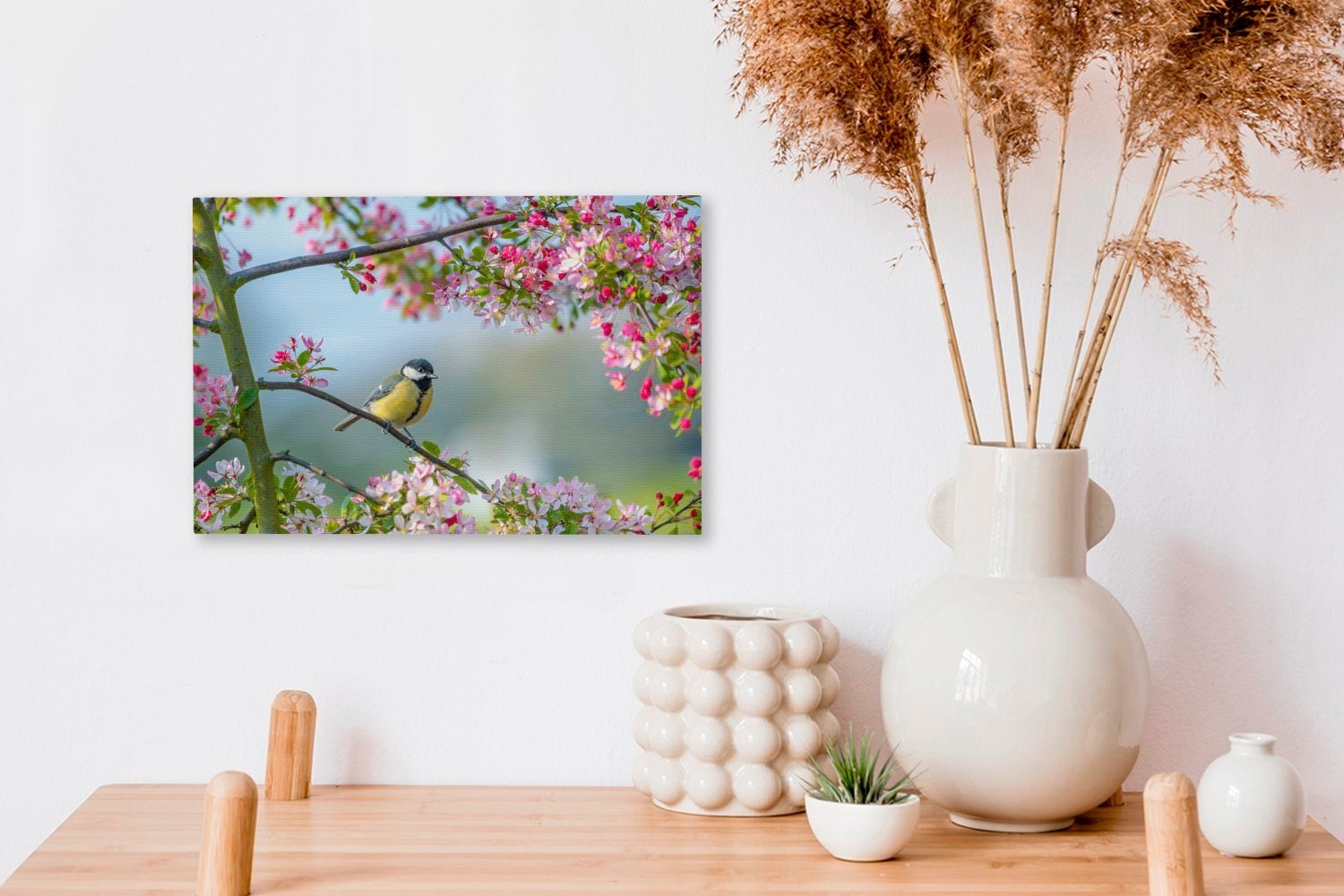 OneMillionCanvasses® Leinwandbild Vogel - Baum St), 30x20 Wandbild Aufhängefertig, cm Leinwandbilder, - (1 Wanddeko, Blüte