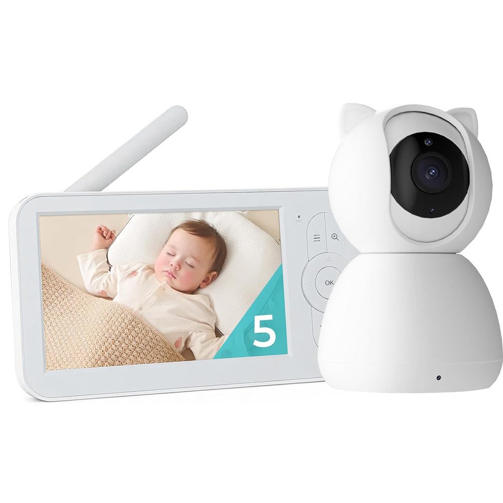 Boifun Babyphone 5" Video-Babyphone Babyphone mit Kamera, Video Baby Monitor, 2.4GHz FHSS 4500mAh Infrarot Nachtsicht, Gegensprechfunktion, Schlaflieder, Schallerkennung, Datenschutz, 5" Monitor und 2x Zoom VOX-Modus Temperaturalarm