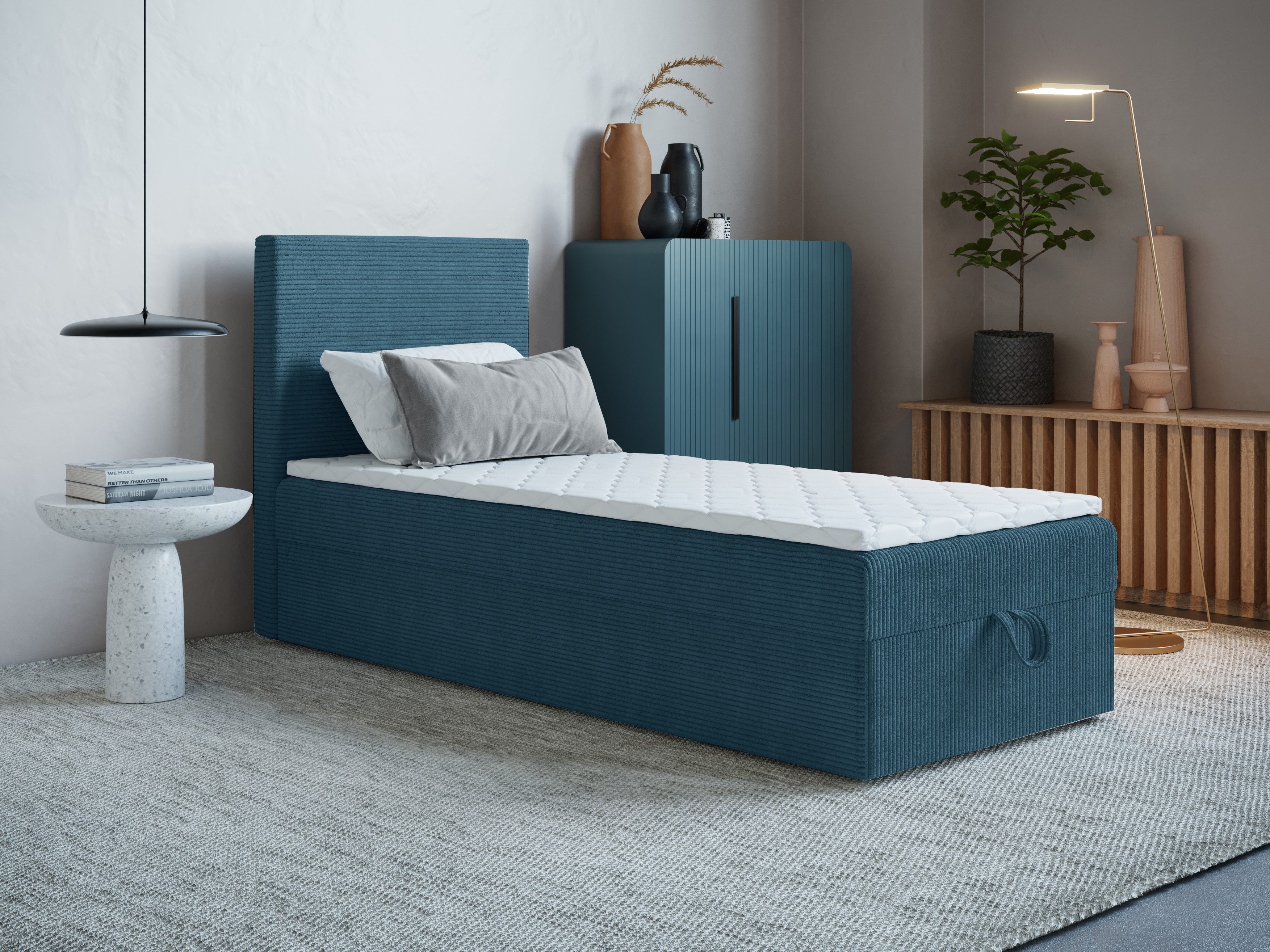 Godre Boxspringbett mit Bettkasten ARES MINI 90x200 cm - Topper T-25 (Bett + Matratze + Topper), Bett mit einem Kasten
