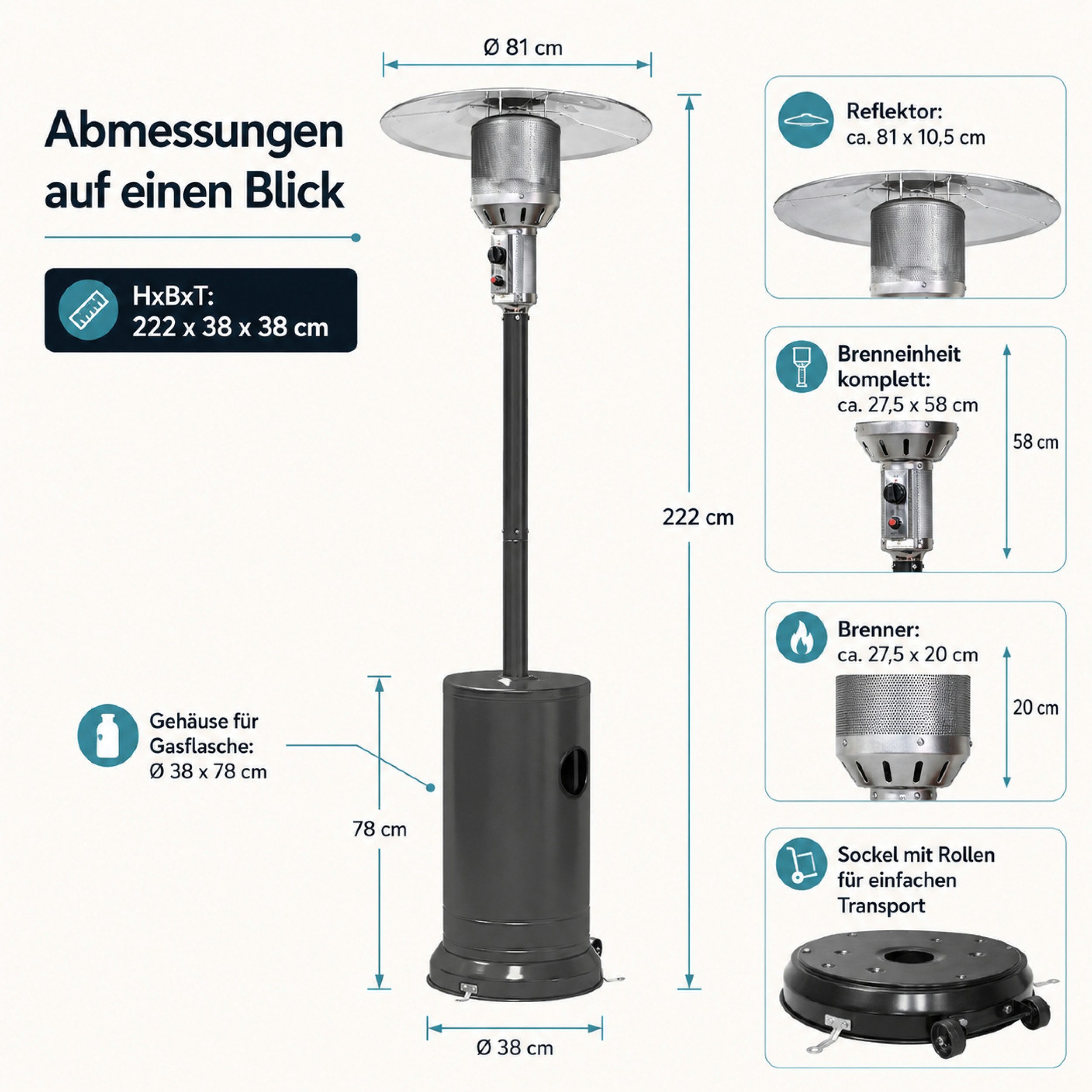 APANA Heizstrahler Eco Heizpilz Gasheizer Terrassenheizstrahler Gas Heizstrahler Garten, Inklusive Transportrollen Umkippsicherung und Abschaltautomatik – Bild 3 von 5