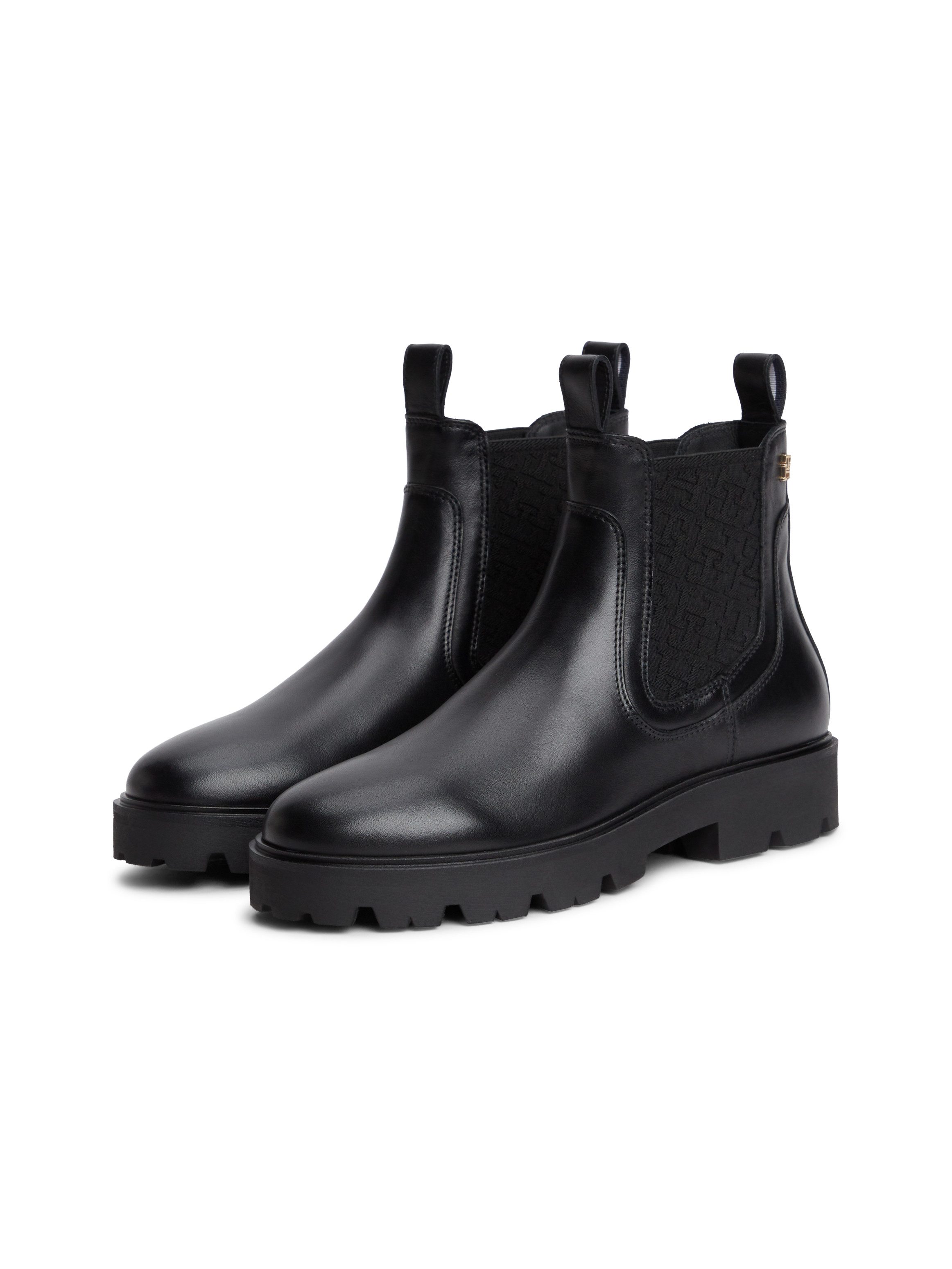 Tommy Hilfiger TH MONOGRAM LEATHER CHELSEA BOOT Chelseaboots Blockabsatz, Schlupfboots, mit beidseitigem Stretcheinsatz
