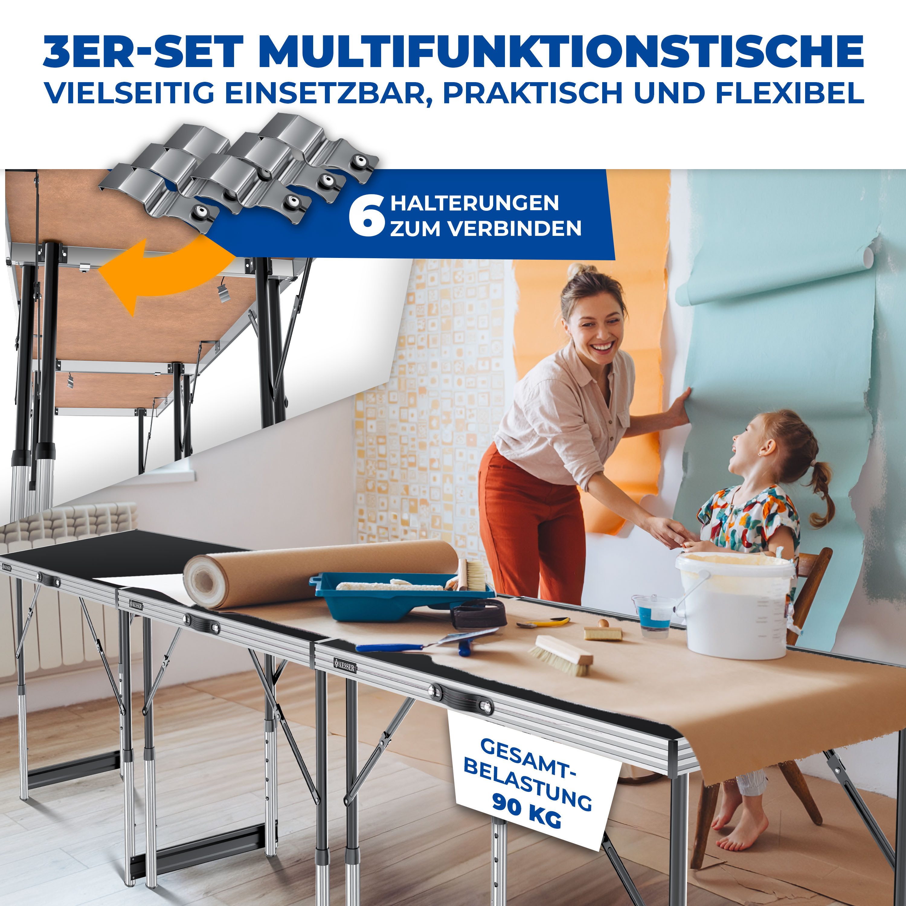 KESSER Tapeziertisch, Multifunktionstisch Profi 3- teilig, 100 60 cm, Tapetentisch