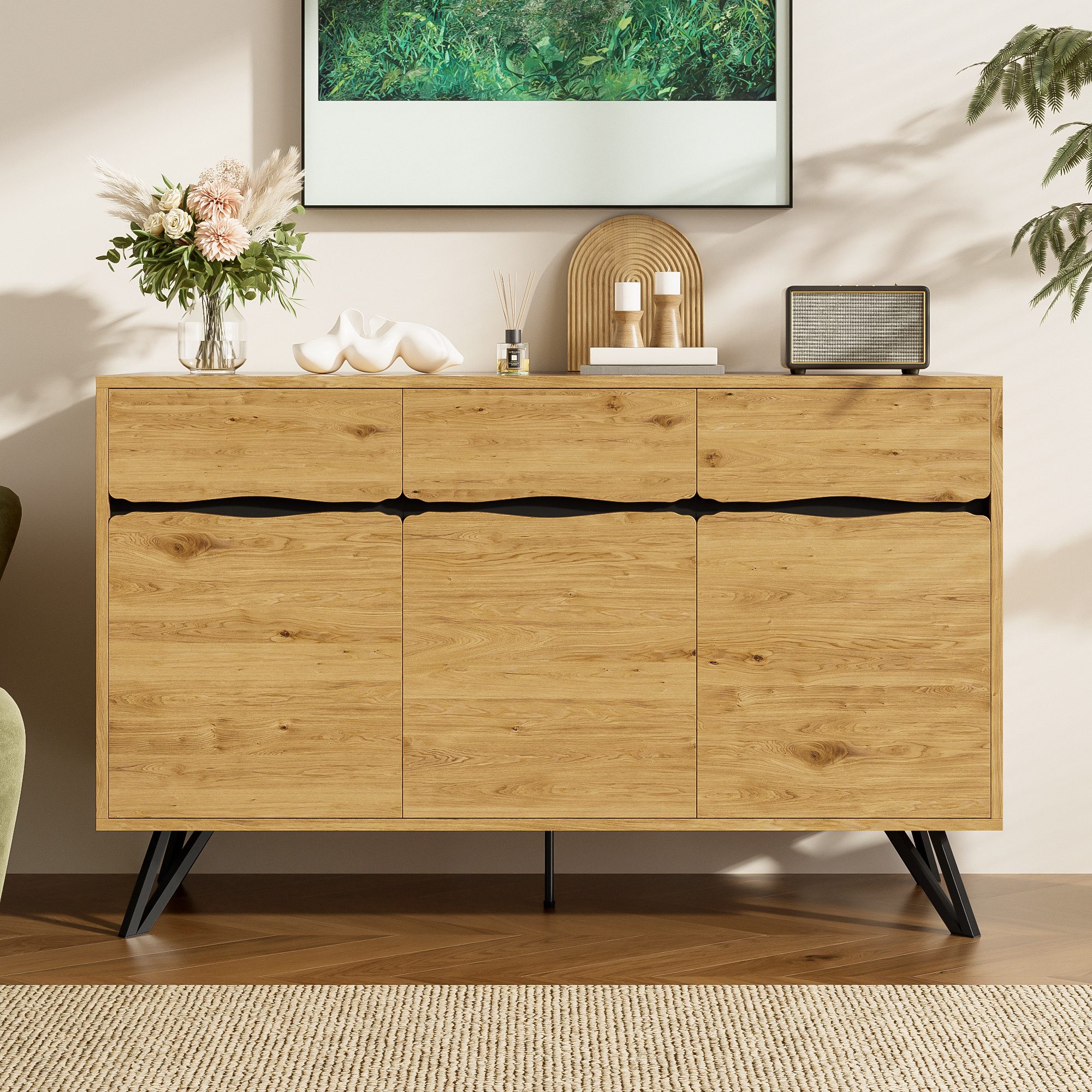 Merax Sideboard in Holzoptik mit schwarzen Metallbeinen (1 St., 140x40x75,5 cm), Buffetschrank Kommode Anrichte mit 3 Türen, Fächern & Stauraum