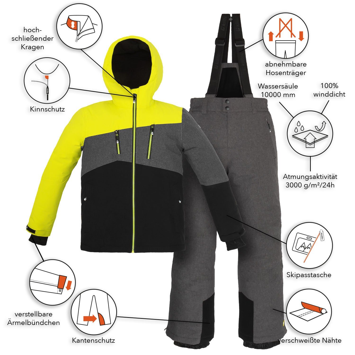 Killtec Skianzug Jungen Kinder Alpin Skijacke + Skihose (limette, Gr. 128), wasser- und winddicht