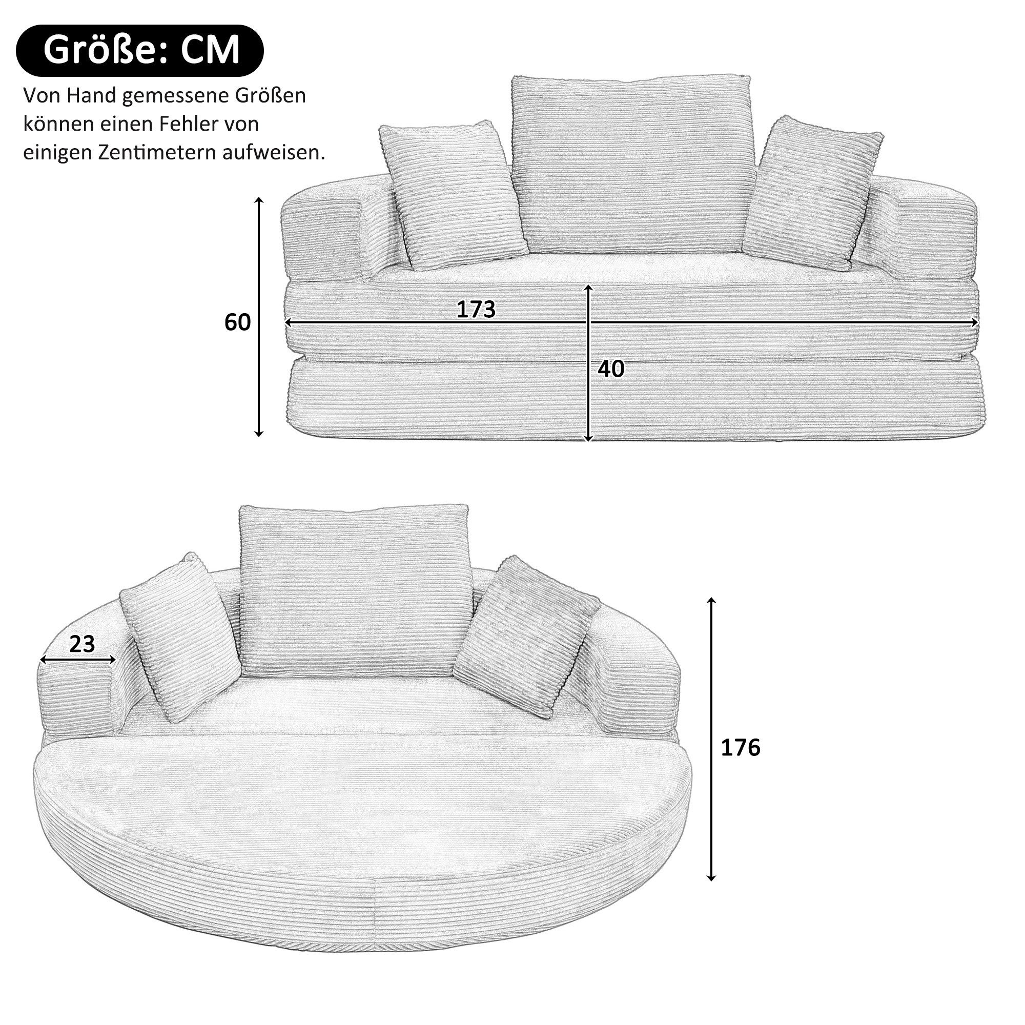 LVHOM Loungesofa klappbar, ovale Form mit Kissen, weiche Polsterung, Cordstoff, 2-in-1-Sofa mit ein Rückenkissen und zwei kleinen Zierkissen, ergonomisches Design, komprimierte Verpackung, bis 250kg,für Apartment, Wohnzimmer, Schlafzimmer, Büros, Gästezimmer