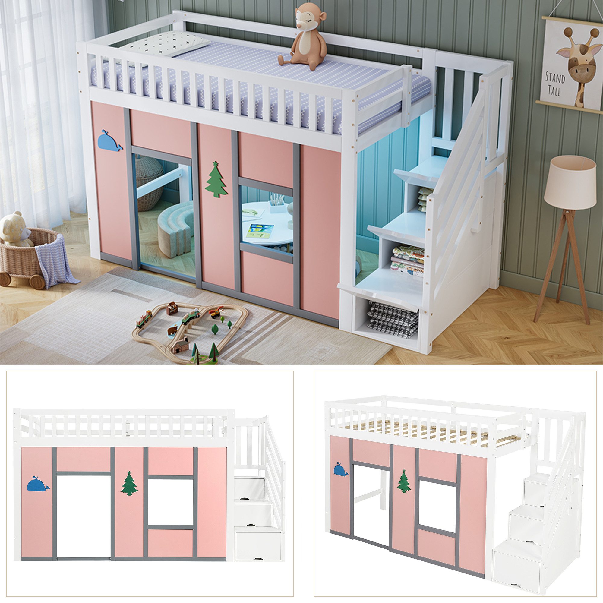 TavilaEcon Hochbett Halbhochbett mit Stauraumtreppe, LED-Beleuchtung und Spielbereich (1-St) mit Rausfallschutz und Deko-Motiven für Kinderzimmer, 90x200 cm – Bild 5 von 5