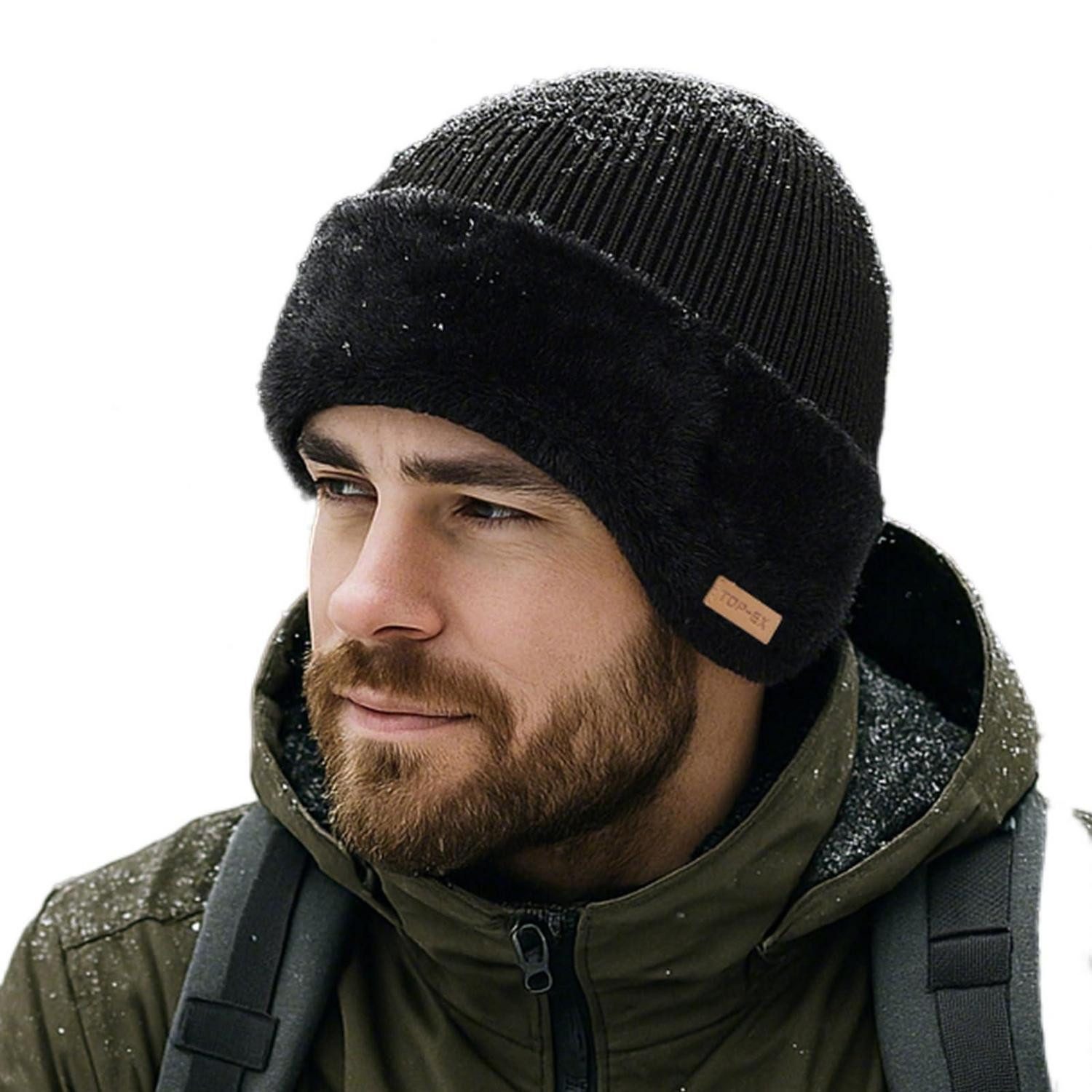 LuxusKollektion Ohrenmütze Mütze PolarWool Merino mit Ohrenklappen Schwarz (1-St)