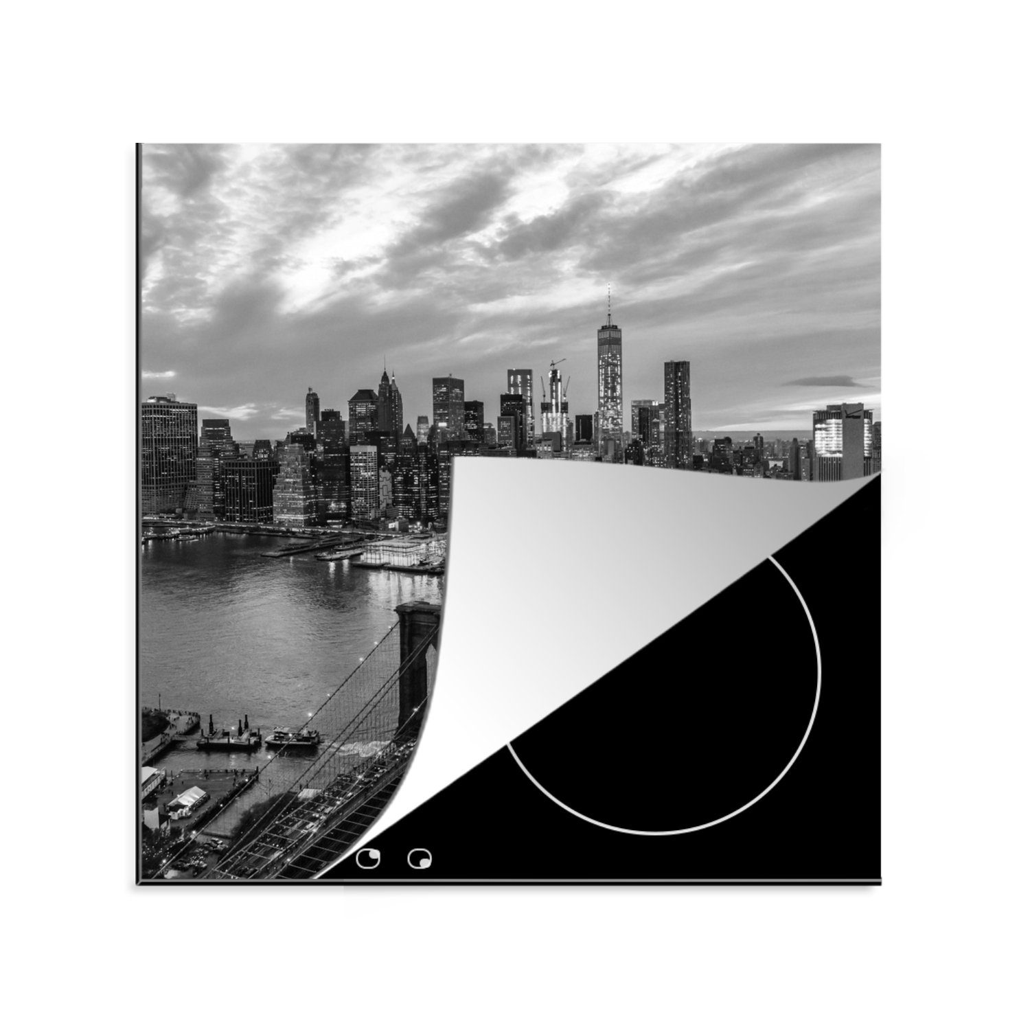MuchoWow Herdblende-/Abdeckplatte Luftaufnahme der Brooklyn Bridge - schwarz-weiß, Vinyl, (1 tlg), 78x78 cm, Ceranfeldabdeckung, Arbeitsplatte für küche