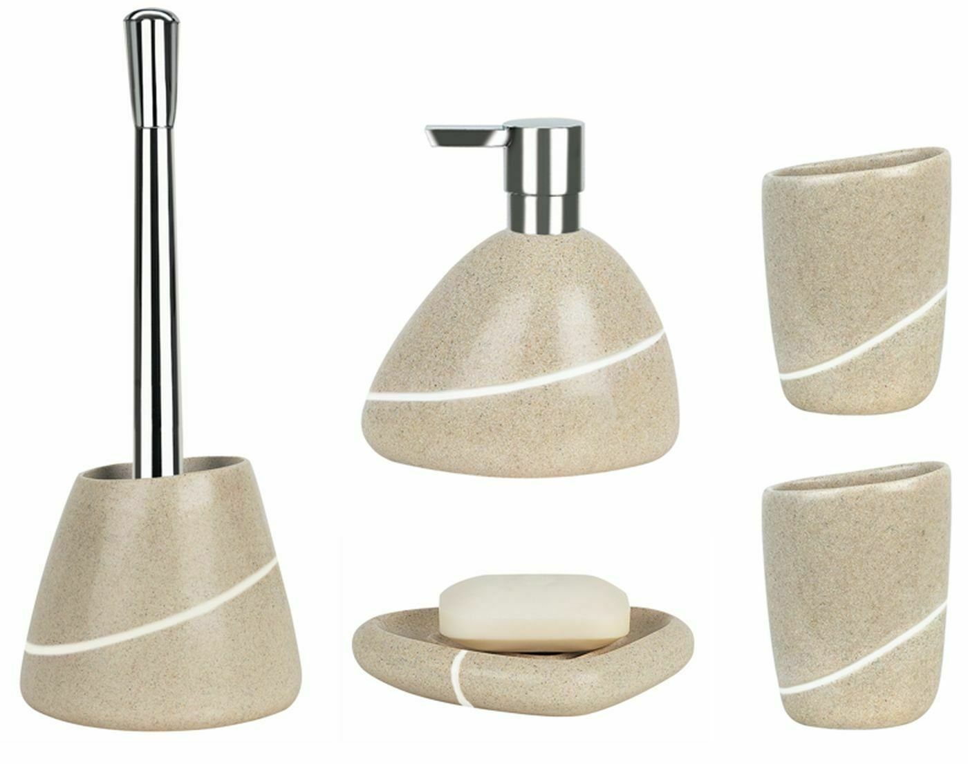 spirella Badaccessoires-Sets ETNA Stone, Zubehör-Set aus hochwertigem Polyresin, Naturstein Optik, 5 tlg., bestehend aus: WC-Bürste, Seifenspender, 2x Zahnputzbecher, Seifenschale, Polyresin, elegante Naturstein Optik, mit Silikon Schutzpads, sand-beige