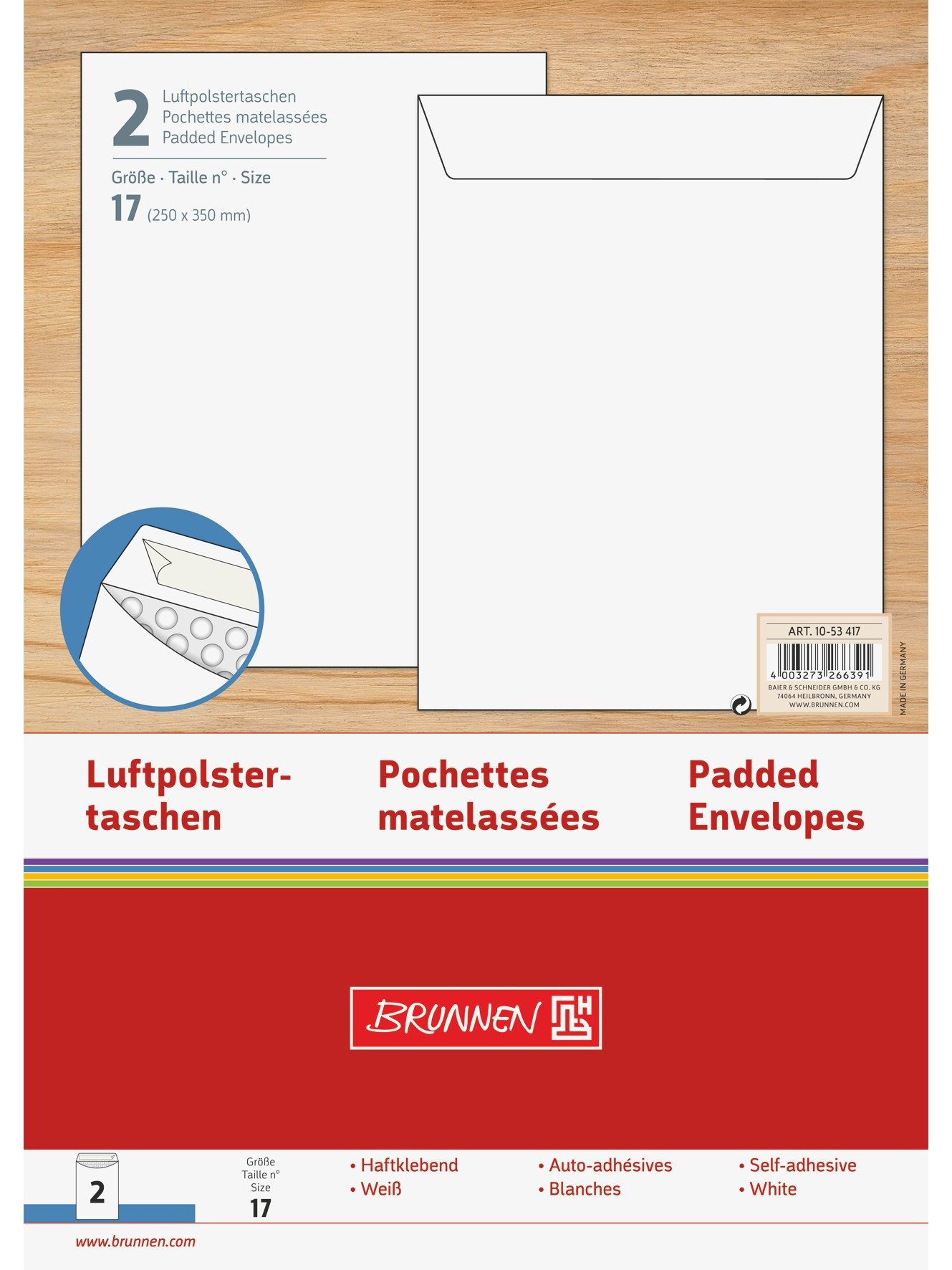 Baier & Schneider Versandtasche Luftpolstertaschen weiß Kraftpapier 2 Stück, Haftklebung mit Abdeckstreifen