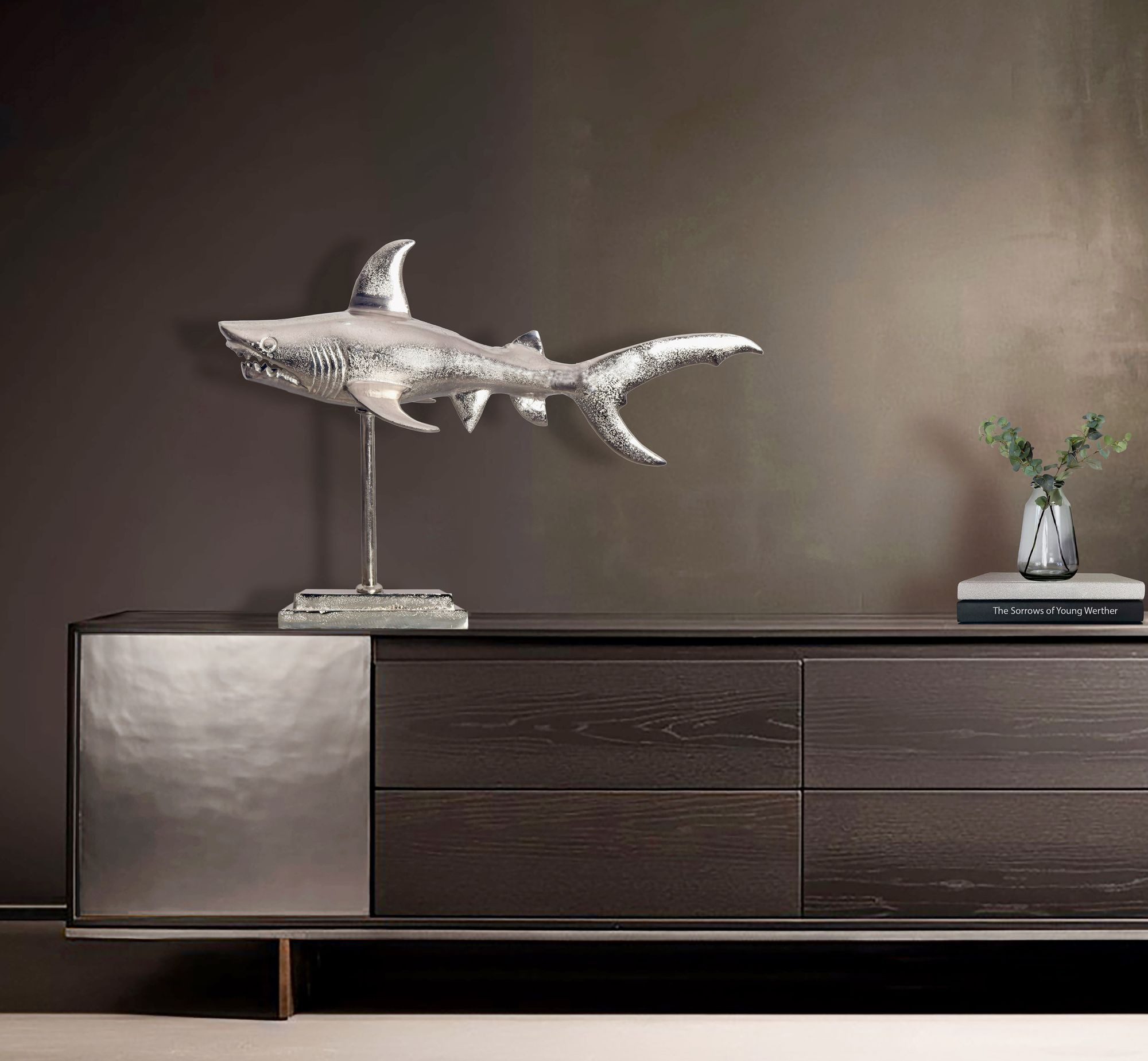FINEBUY Tierfigur FB65081 Deko Hai 70 cm Aluminium Wohndeko Dekoration Maritim Modern (Design Dekoration Metall, Wohndeko Tischdekoration), Silber Tischdeko 70 cm, Hai Aluminium Maritim