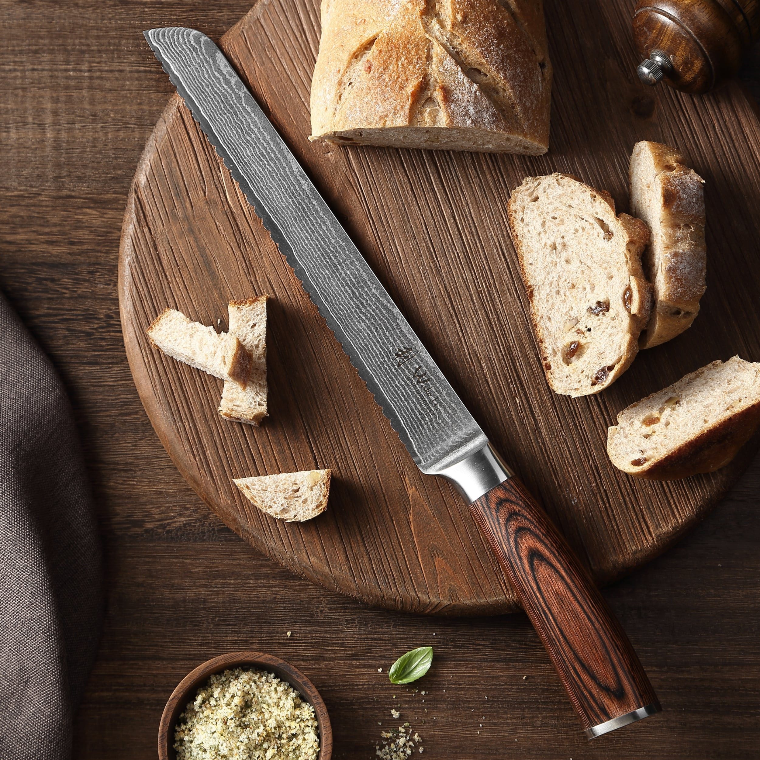 Wakoli Damastmesser EDIB Brotmesser Kochmesser 23cm Wellenschliffklinge Pakkaholzgriff, Küchenmesser aus 67 Lagen Damaststahl mit VG10 Kern inkl. Geschenkbox – Bild 3 von 5