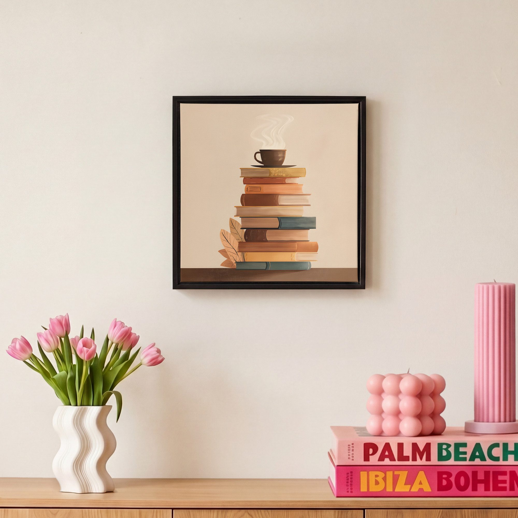 OneMillionCanvasses® Leinwandbild mit Rahmen - Bücher - Turm - Kaffee - Beige, Fotodruck (1 St), Leinwand Bilder Klein, Wand Dekoration Aesthetic 20x20cm – Bild 4 von 5