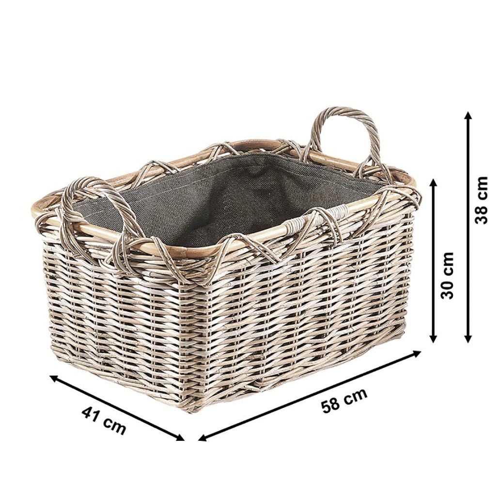 Kobolo Kaminholzkorb Holzkorb Feuerholzkorb, Rattan grau mit Griffen und Leinen, Brennhol (Stück, Stück), 56Lx41x29/36cm