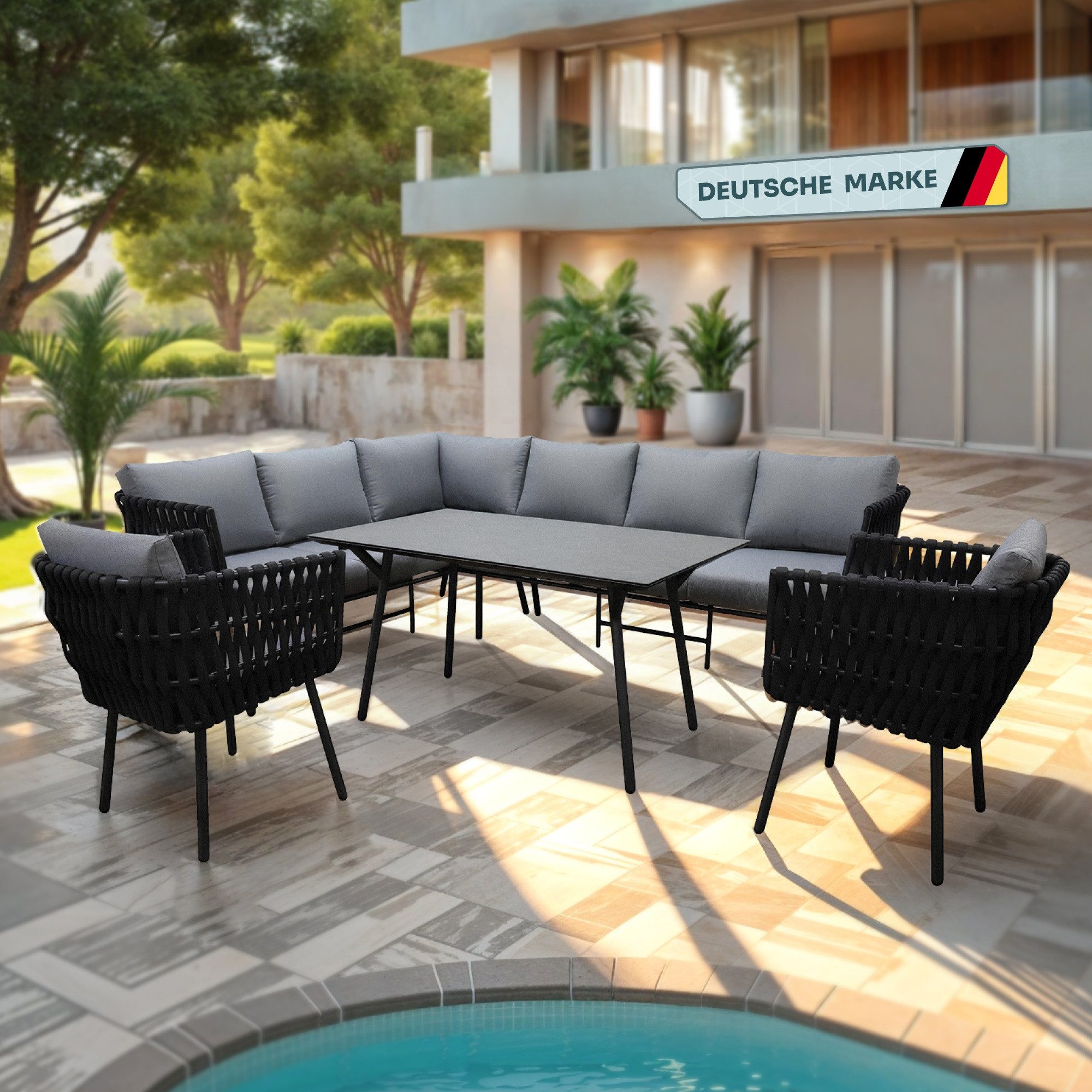Gardissimo Gartenlounge-Set Abby links schwarz Rope Dining Gartenmöbelset, (Set, 4-tlg., Alu, Ecklounge, Esstisch, 2 Sessel, inkl. Auflagen), wetterfest / Bezüge waschbar / Aluminium
