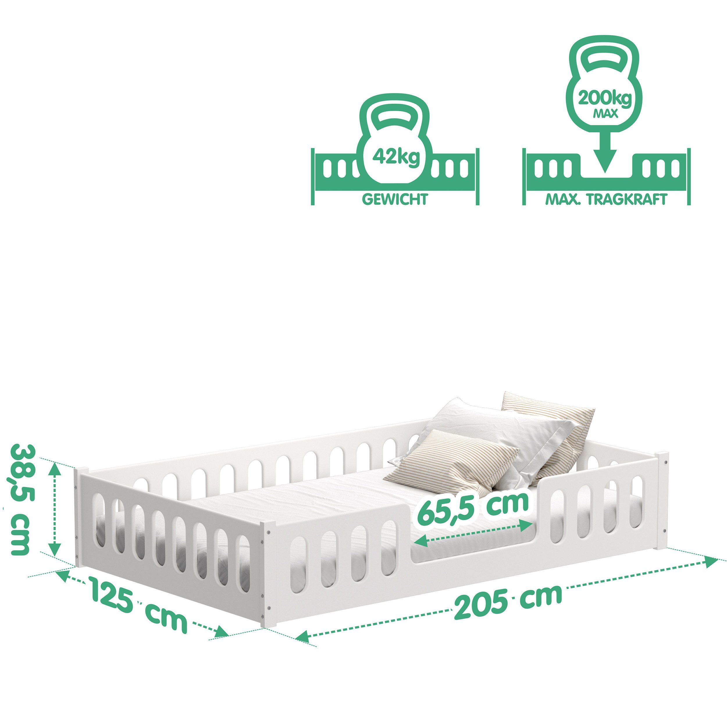 CADANI Kinderbett MONTE Bodenbett mit abnehmbaren Rausfallschutz - bis 200 kg belastbar (120x200 cm 2in1 Bodenbett, inkl. Roll-Lattenrost & Zusatz-Seitenteil),  – Bild 4 von 5