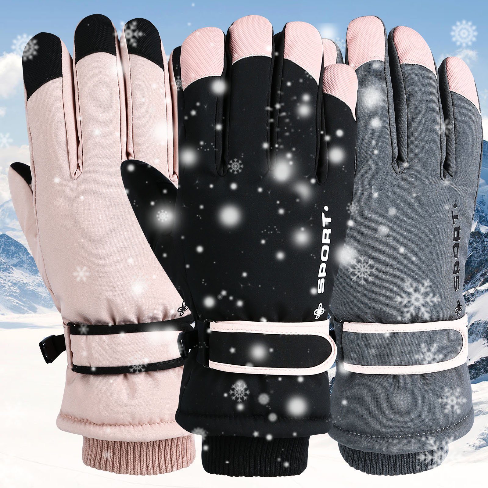 Sunicol Skihandschuhe Winter Warme Handschuhe, Sport Snowboard Touchscreen für Damen, Wasserdicht, Eislaufen Schwarz Thermo, Handschuhe Wandern Fahrrad Skifahren