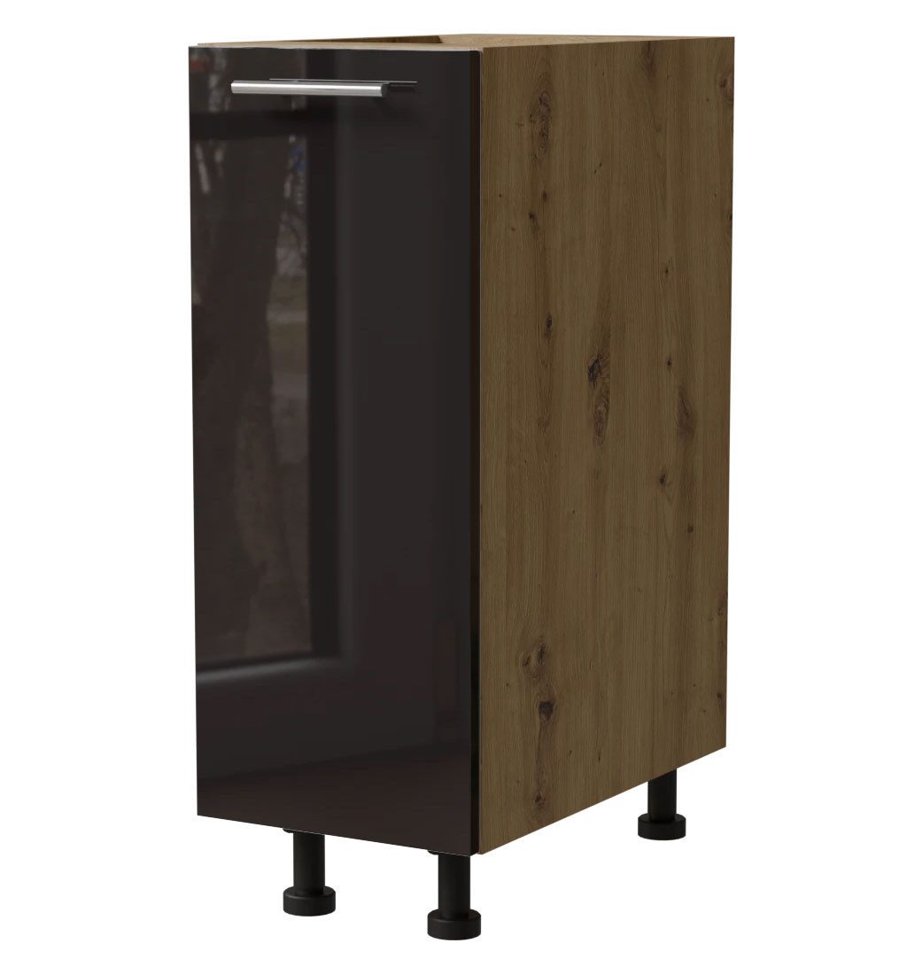 Feldmann-Wohnen Unterschrank Essen (D1D/20, 1-türig, 1 Einlegeboden, 1-St., moderne Optik, Acrylfronten mit Glaseffekt) 20x50x82cm Schwarz Hochglanz / Eiche Artisan Matt